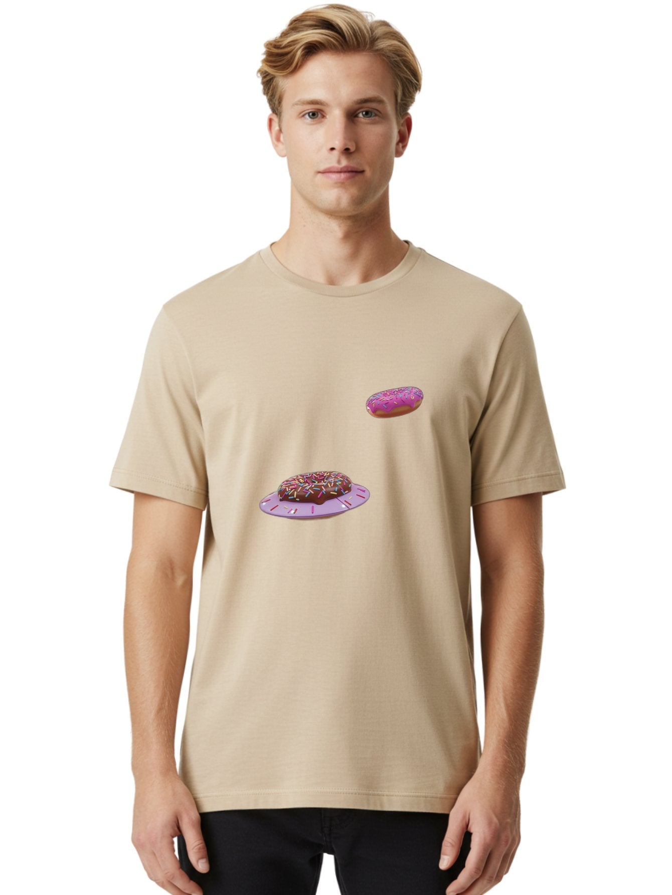Donuts-With-Sprinkles Men'S Graphic Tee, 100% Cotton, Comfortable Casual Summer Wear, Machine Washable, Donuts In Mid-Air, Chocolate Donut With Sprinkles, Pink Frosting And Sprinkles, Sweet Treats, Dessert Delights, Tasty Pastries, Bab881 16