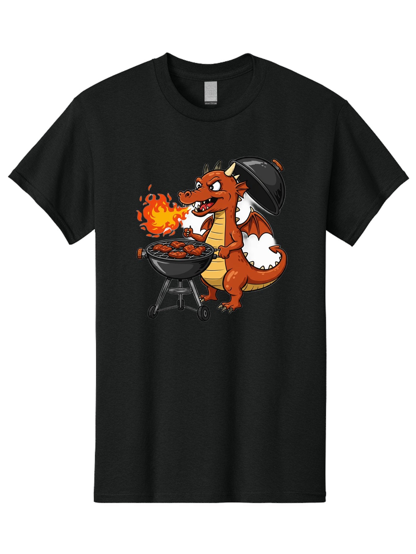 Dragon-Barbecue Men'S Graphic Tee, 100% Cotton, Comfortable Casual Summer Wear, Machine Washable, Cartoon Dragon, Grilling On Barbecue, Cooking Meat, Outdoor Cooking, Fiery Flames, Comical Dragon, Playful Illustration, Humorous Dragon, Bab883 8