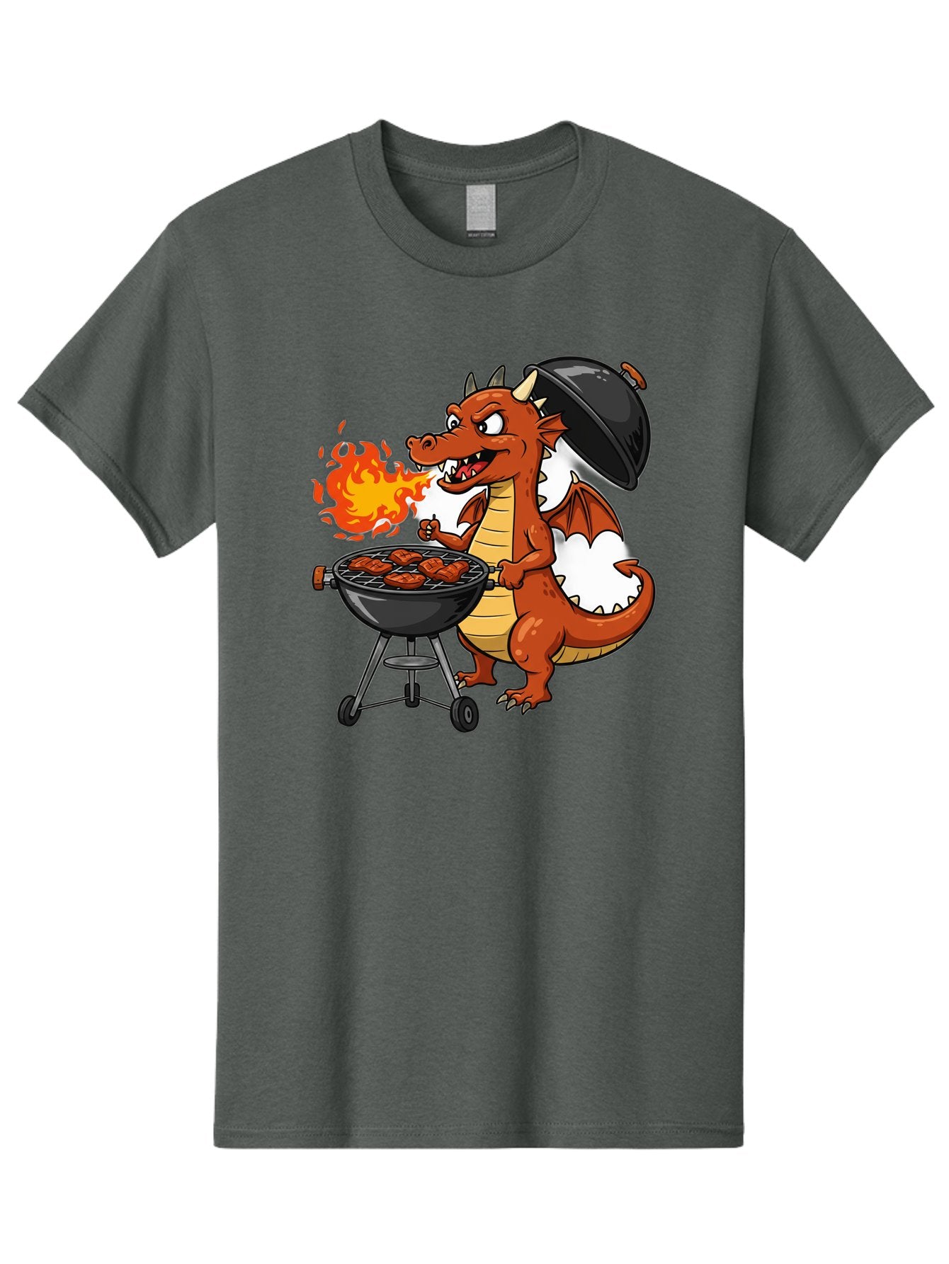 Dragon-Barbecue Men'S Graphic Tee, 100% Cotton, Comfortable Casual Summer Wear, Machine Washable, Cartoon Dragon, Grilling On Barbecue, Cooking Meat, Outdoor Cooking, Fiery Flames, Comical Dragon, Playful Illustration, Humorous Dragon, Bab883