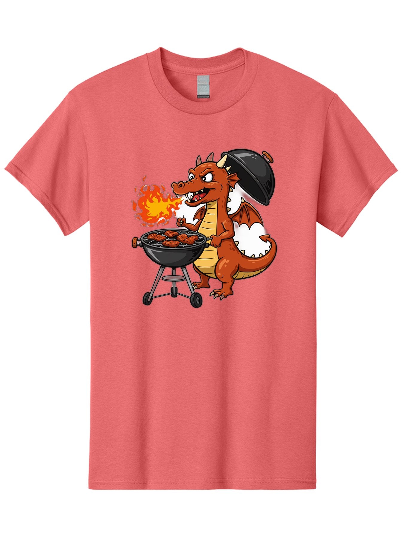 Dragon-Barbecue Men'S Graphic Tee, 100% Cotton, Comfortable Casual Summer Wear, Machine Washable, Cartoon Dragon, Grilling On Barbecue, Cooking Meat, Outdoor Cooking, Fiery Flames, Comical Dragon, Playful Illustration, Humorous Dragon, Bab883 12