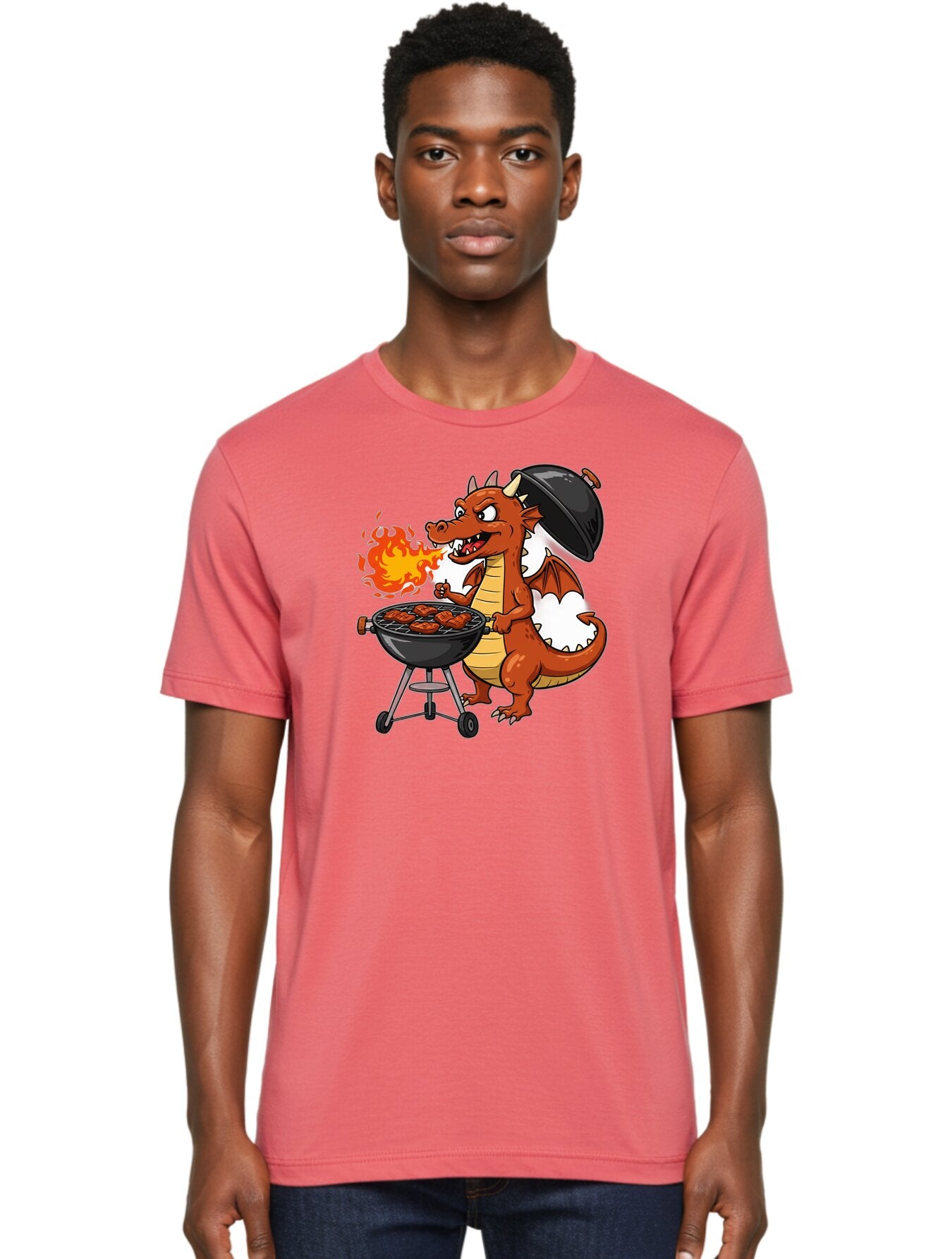 Dragon-Barbecue Men'S Graphic Tee, 100% Cotton, Comfortable Casual Summer Wear, Machine Washable, Cartoon Dragon, Grilling On Barbecue, Cooking Meat, Outdoor Cooking, Fiery Flames, Comical Dragon, Playful Illustration, Humorous Dragon, Bab883 28