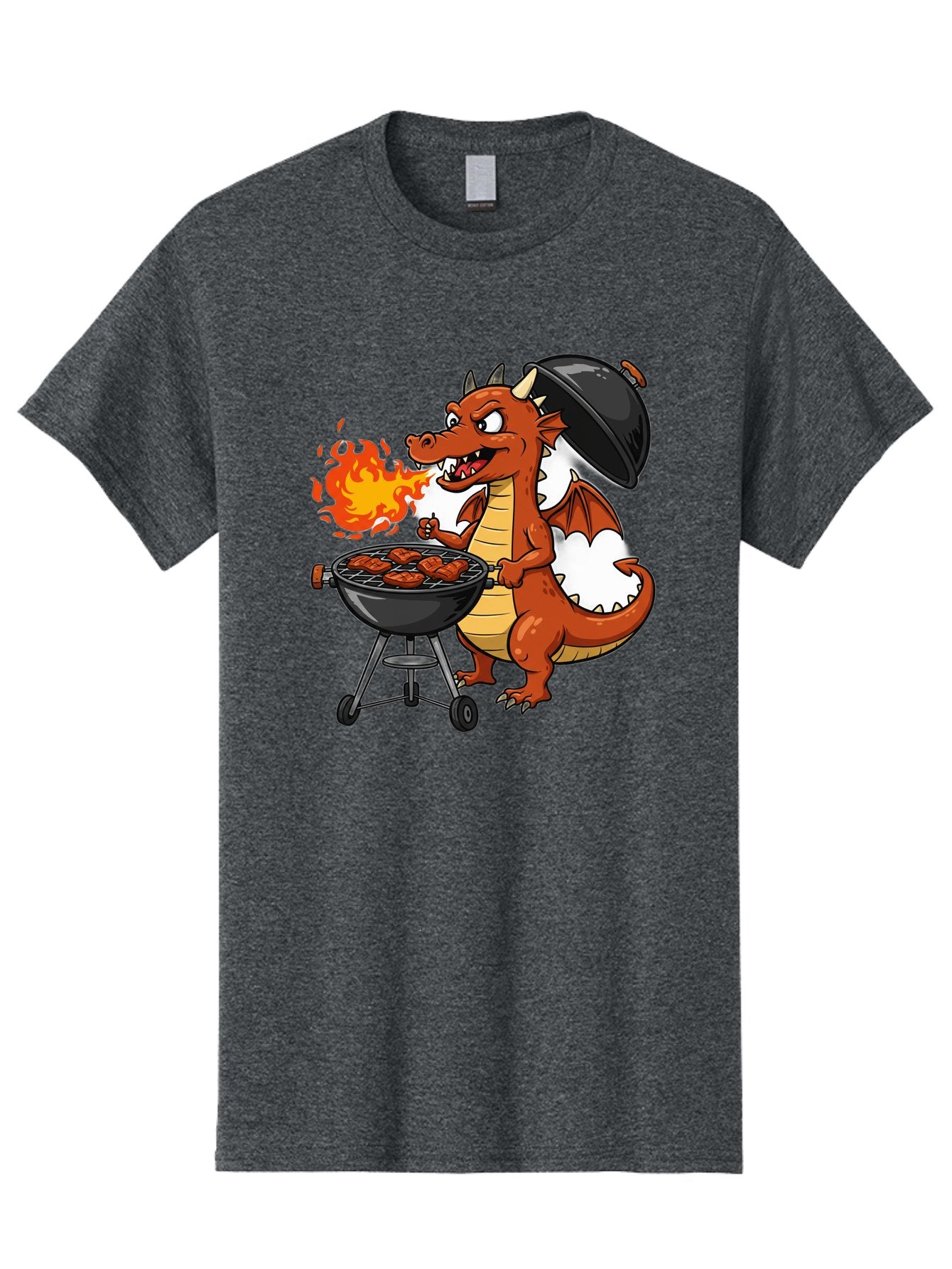 Dragon-Barbecue Men'S Graphic Tee, 100% Cotton, Comfortable Casual Summer Wear, Machine Washable, Cartoon Dragon, Grilling On Barbecue, Cooking Meat, Outdoor Cooking, Fiery Flames, Comical Dragon, Playful Illustration, Humorous Dragon, Bab883 14