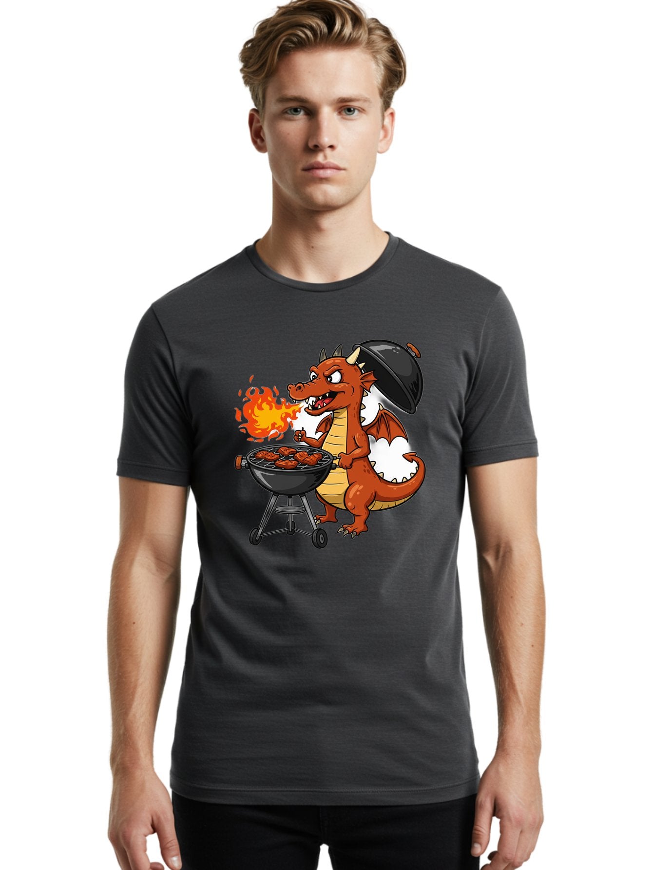 Dragon-Barbecue Men'S Graphic Tee, 100% Cotton, Comfortable Casual Summer Wear, Machine Washable, Cartoon Dragon, Grilling On Barbecue, Cooking Meat, Outdoor Cooking, Fiery Flames, Comical Dragon, Playful Illustration, Humorous Dragon, Bab883 29
