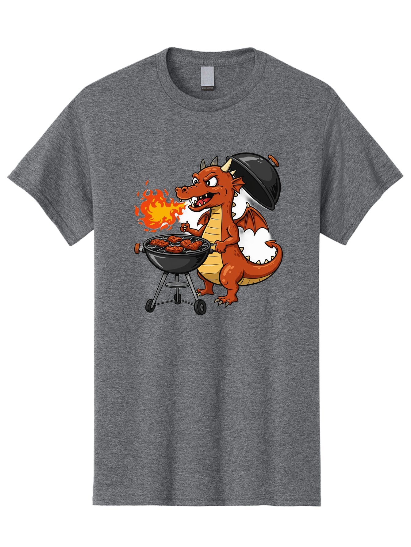Dragon-Barbecue Men'S Graphic Tee, 100% Cotton, Comfortable Casual Summer Wear, Machine Washable, Cartoon Dragon, Grilling On Barbecue, Cooking Meat, Outdoor Cooking, Fiery Flames, Comical Dragon, Playful Illustration, Humorous Dragon, Bab883 4