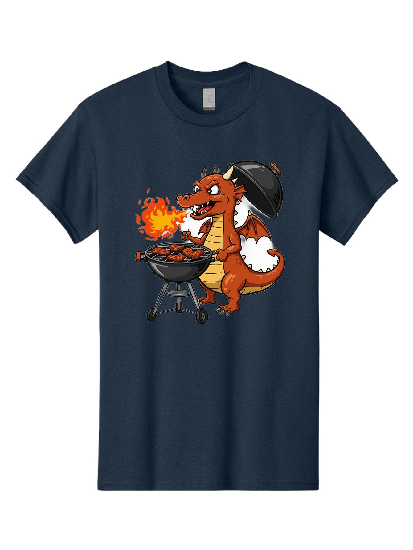Dragon-Barbecue Men'S Graphic Tee, 100% Cotton, Comfortable Casual Summer Wear, Machine Washable, Cartoon Dragon, Grilling On Barbecue, Cooking Meat, Outdoor Cooking, Fiery Flames, Comical Dragon, Playful Illustration, Humorous Dragon, Bab883 5