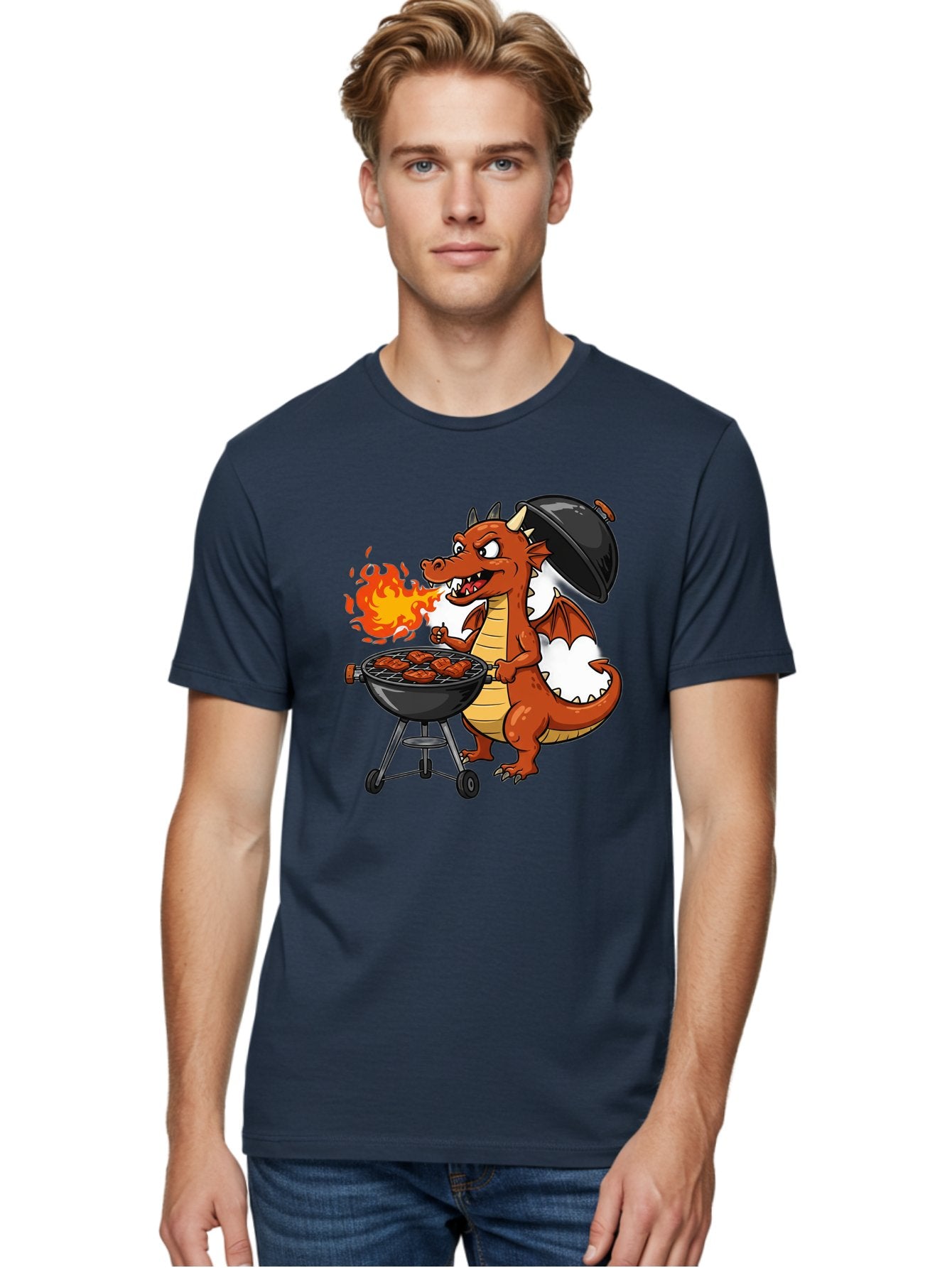 Dragon-Barbecue Men'S Graphic Tee, 100% Cotton, Comfortable Casual Summer Wear, Machine Washable, Cartoon Dragon, Grilling On Barbecue, Cooking Meat, Outdoor Cooking, Fiery Flames, Comical Dragon, Playful Illustration, Humorous Dragon, Bab883 23