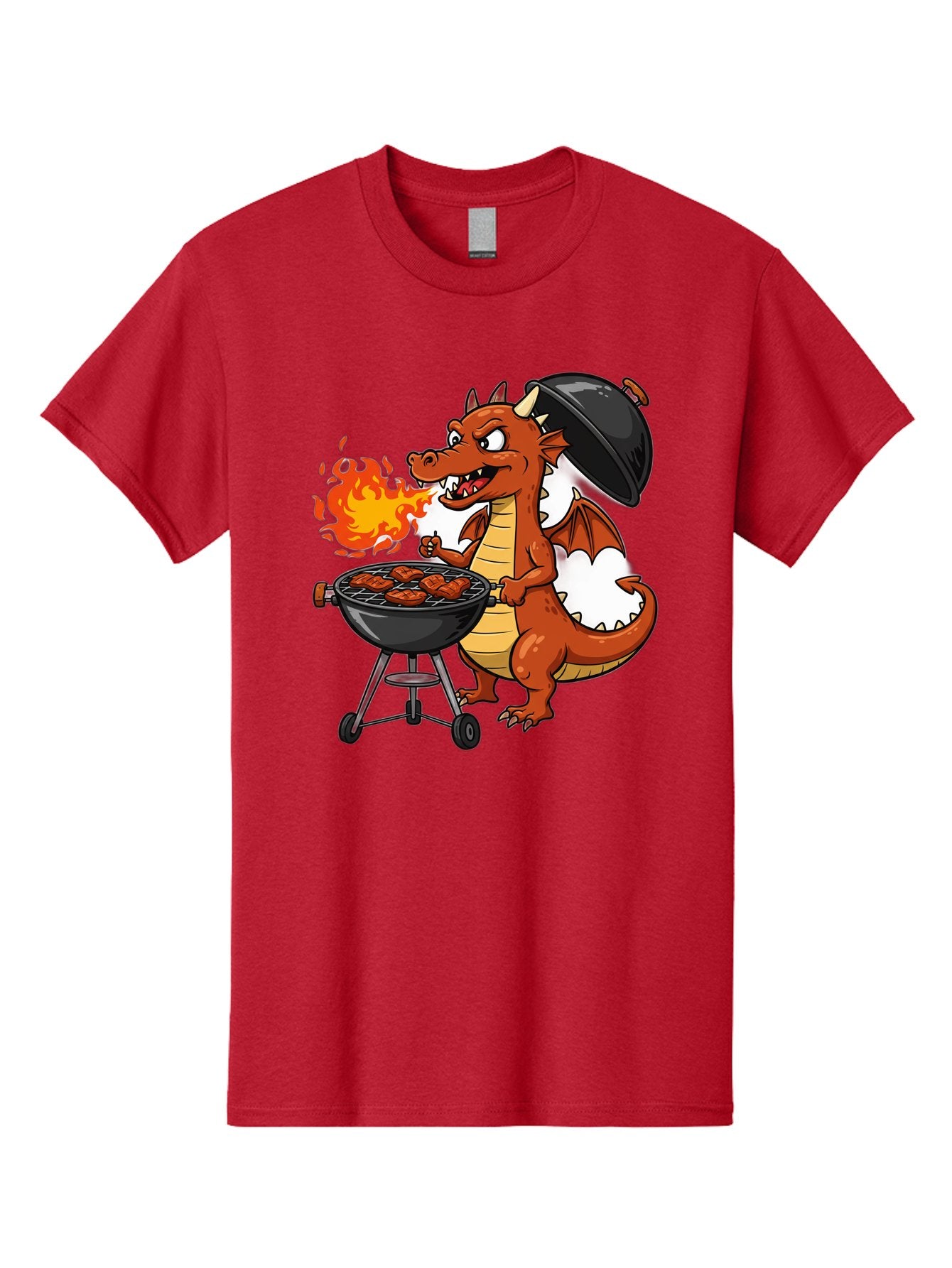 Dragon-Barbecue Men'S Graphic Tee, 100% Cotton, Comfortable Casual Summer Wear, Machine Washable, Cartoon Dragon, Grilling On Barbecue, Cooking Meat, Outdoor Cooking, Fiery Flames, Comical Dragon, Playful Illustration, Humorous Dragon, Bab883 13