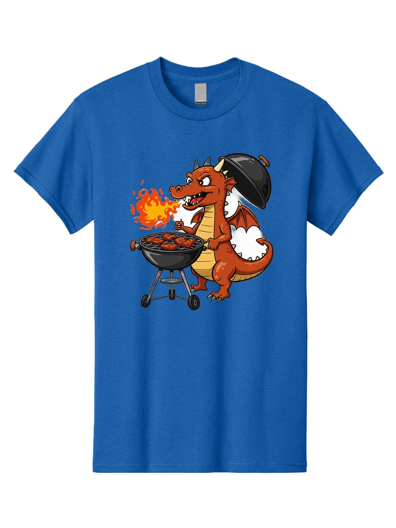 Dragon-Barbecue Men'S Graphic Tee, 100% Cotton, Comfortable Casual Summer Wear, Machine Washable, Cartoon Dragon, Grilling On Barbecue, Cooking Meat, Outdoor Cooking, Fiery Flames, Comical Dragon, Playful Illustration, Humorous Dragon, Bab883