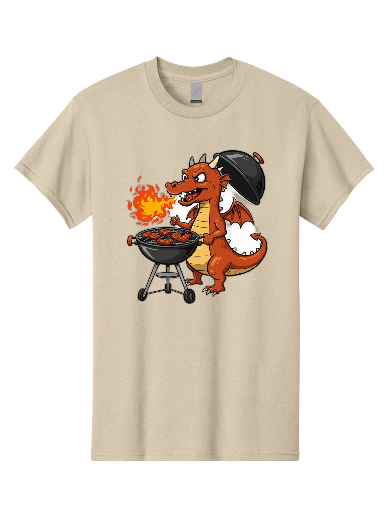 Dragon-Barbecue Men'S Graphic Tee, 100% Cotton, Comfortable Casual Summer Wear, Machine Washable, Cartoon Dragon, Grilling On Barbecue, Cooking Meat, Outdoor Cooking, Fiery Flames, Comical Dragon, Playful Illustration, Humorous Dragon, Bab883 7