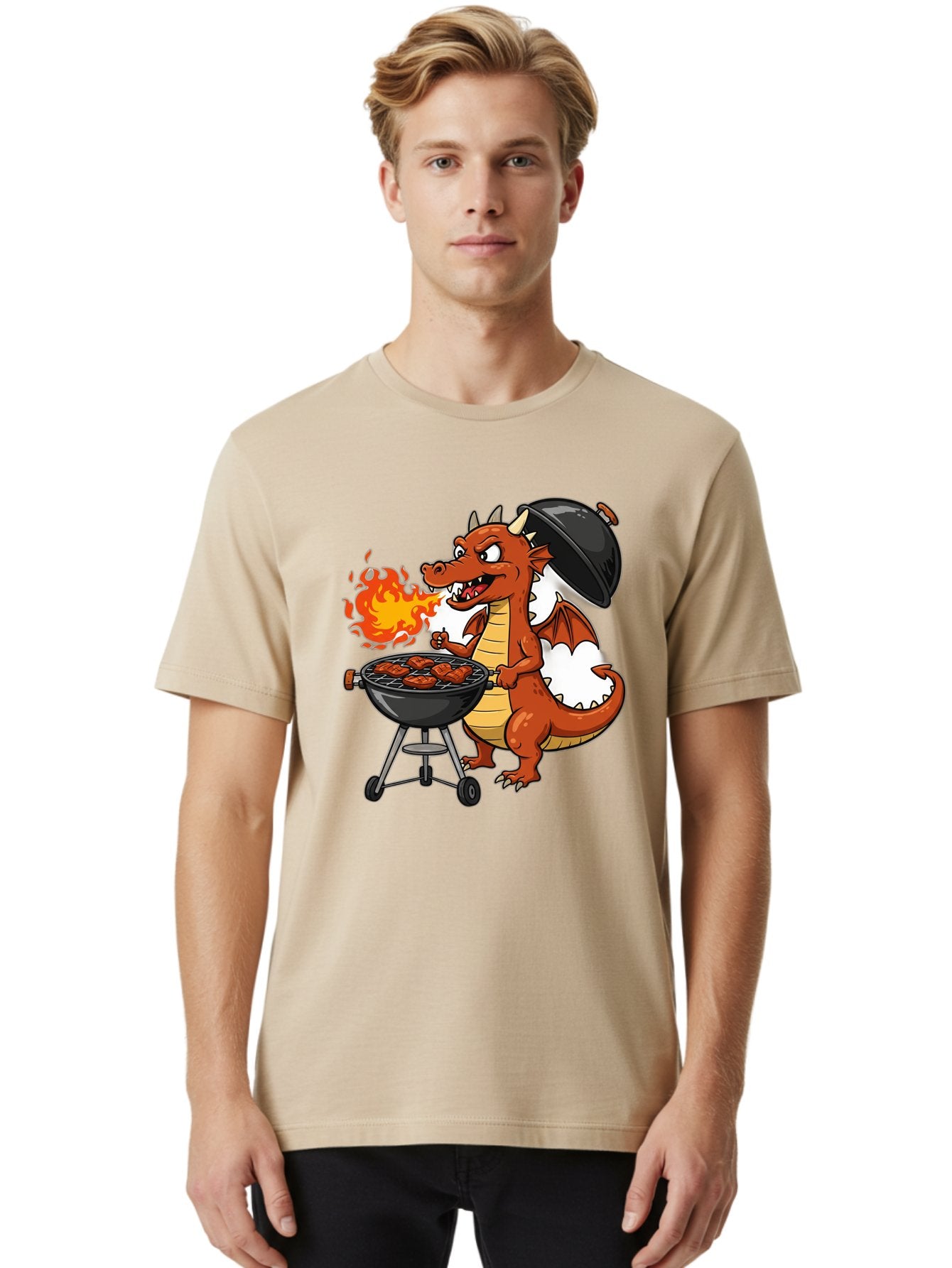 Dragon-Barbecue Men'S Graphic Tee, 100% Cotton, Comfortable Casual Summer Wear, Machine Washable, Cartoon Dragon, Grilling On Barbecue, Cooking Meat, Outdoor Cooking, Fiery Flames, Comical Dragon, Playful Illustration, Humorous Dragon, Bab883 16