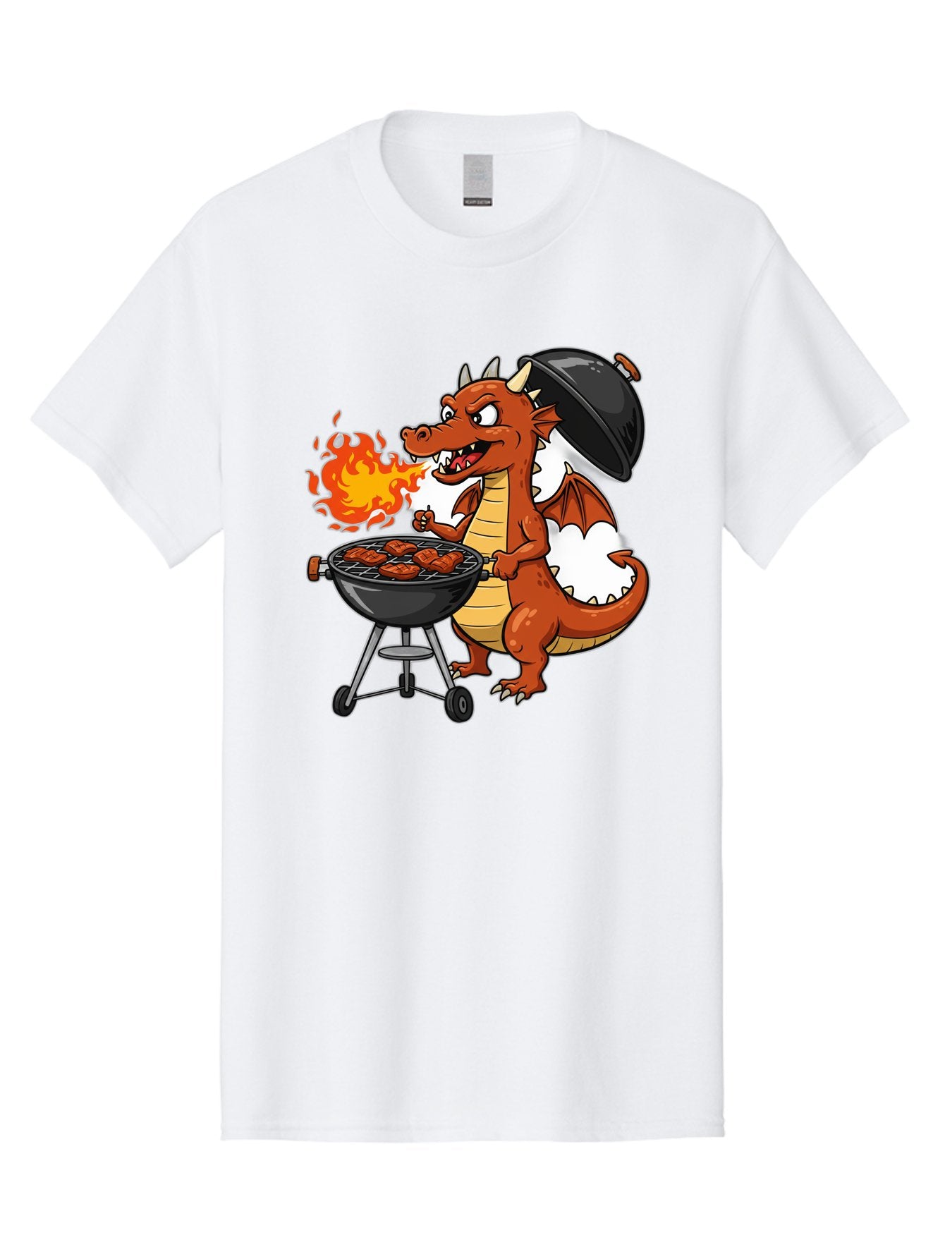 Dragon-Barbecue Men'S Graphic Tee, 100% Cotton, Comfortable Casual Summer Wear, Machine Washable, Cartoon Dragon, Grilling On Barbecue, Cooking Meat, Outdoor Cooking, Fiery Flames, Comical Dragon, Playful Illustration, Humorous Dragon, Bab883 9