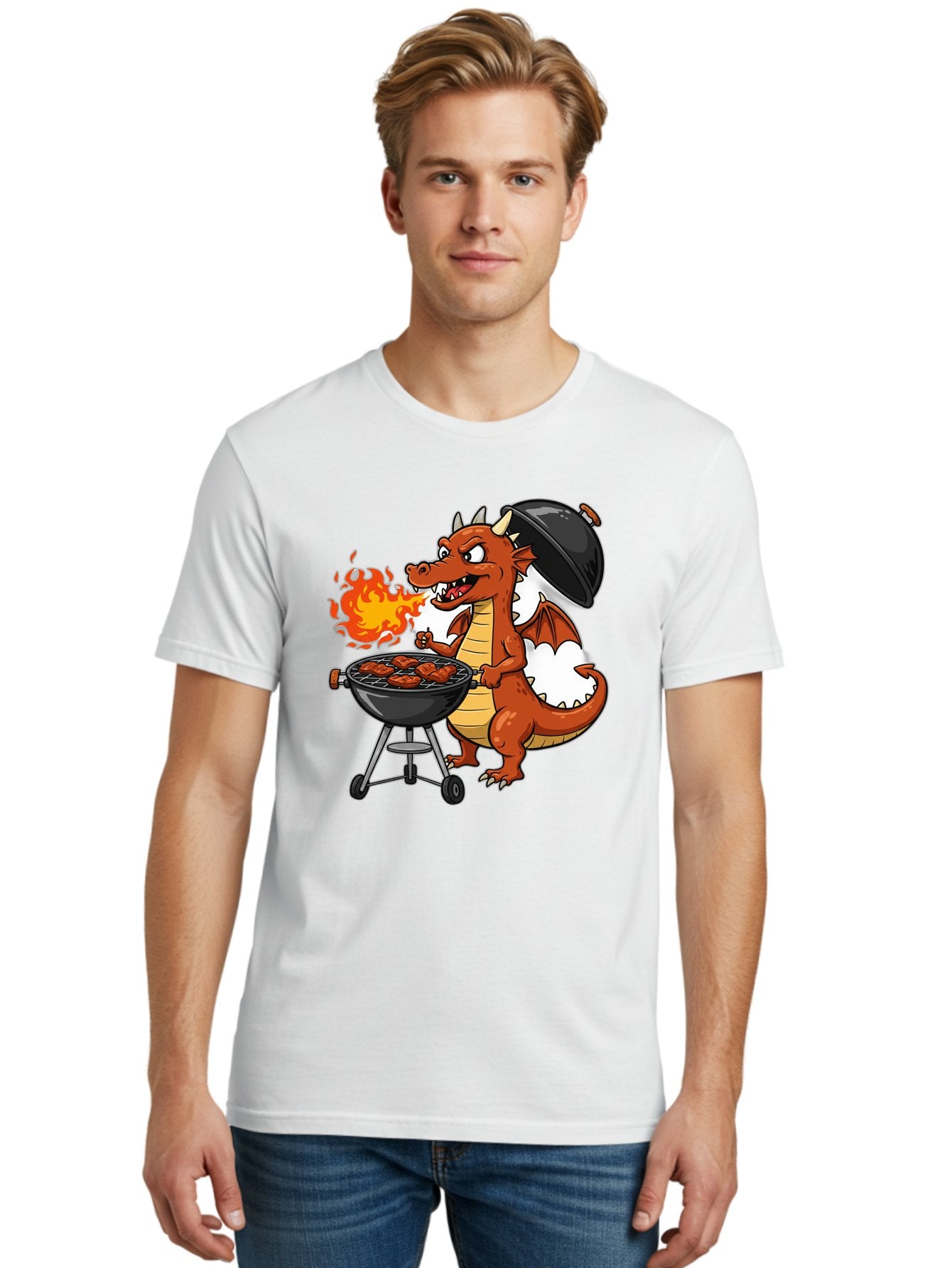 Dragon-Barbecue Men'S Graphic Tee, 100% Cotton, Comfortable Casual Summer Wear, Machine Washable, Cartoon Dragon, Grilling On Barbecue, Cooking Meat, Outdoor Cooking, Fiery Flames, Comical Dragon, Playful Illustration, Humorous Dragon, Bab883 26