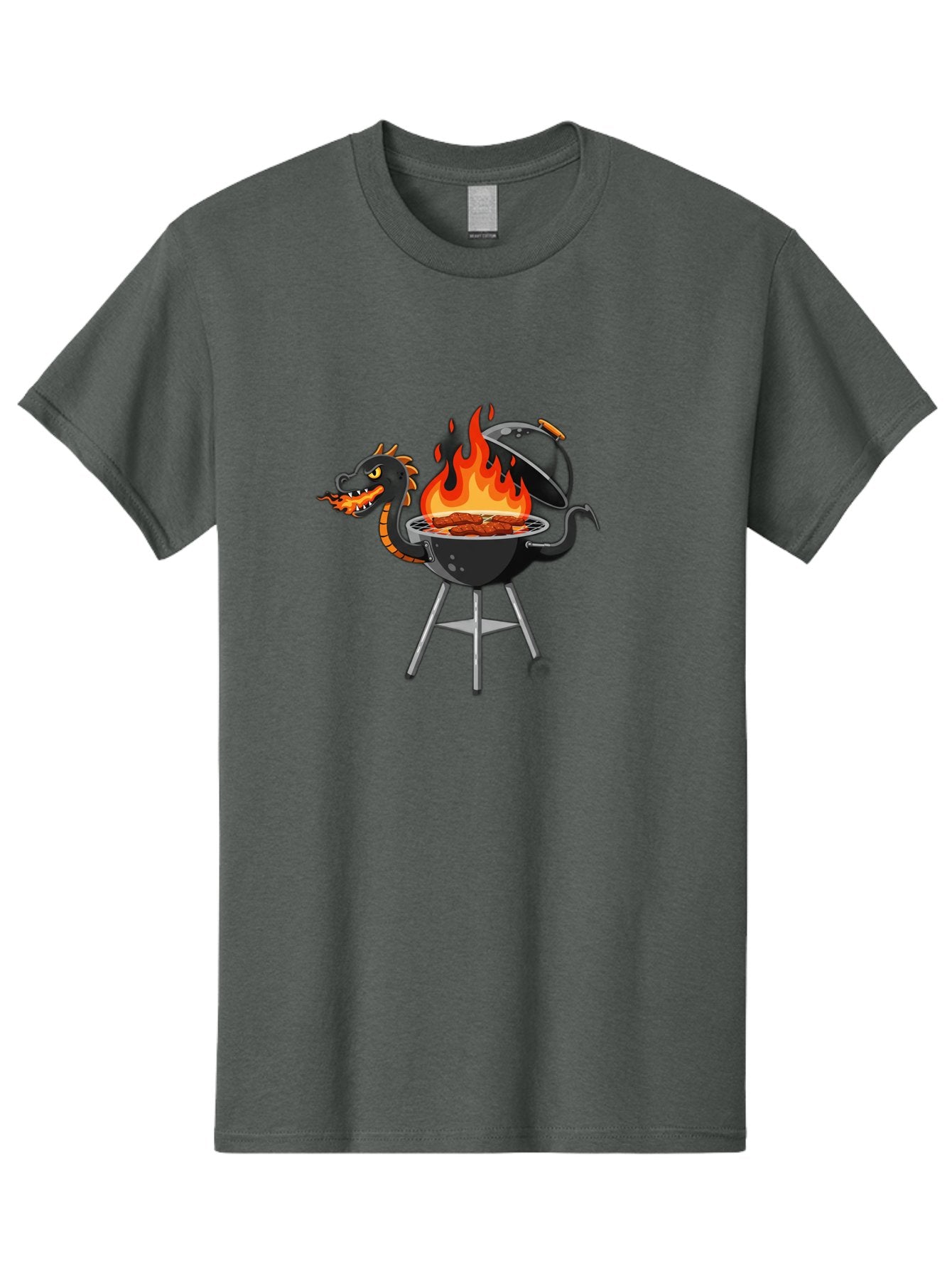 Dragon-Bbq-Grill Men'S Graphic Tee, 100% Cotton, Comfortable Casual Summer Wear, Machine Washable, Barbecue Grill, Dragon Cooking Meat, Fantasy Creature, Grilled Meat, Mythical Beast, Outdoor Cooking, Vibrant Flames, Cartoon Style, Bab884