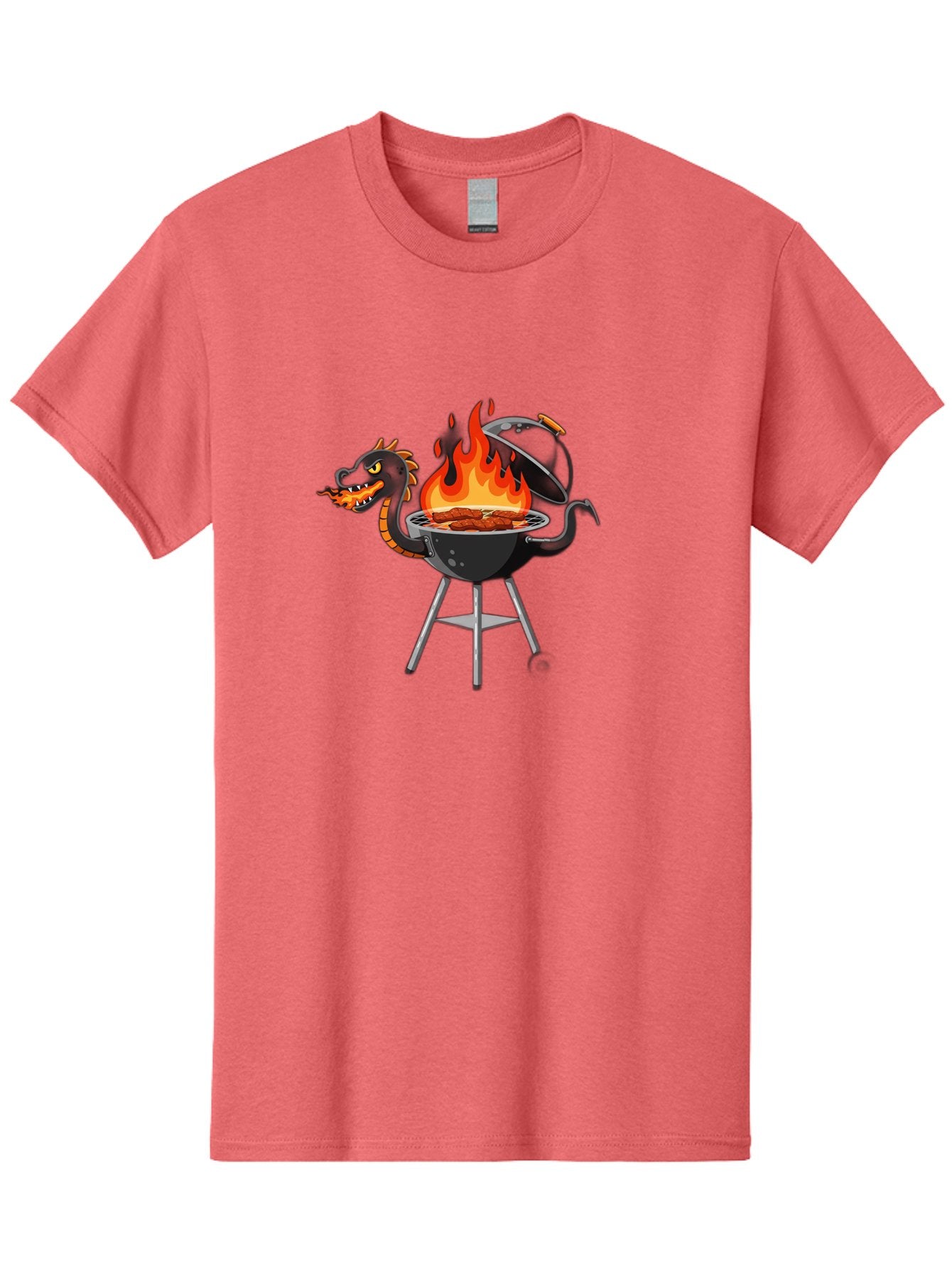 Dragon-Bbq-Grill Men'S Graphic Tee, 100% Cotton, Comfortable Casual Summer Wear, Machine Washable, Barbecue Grill, Dragon Cooking Meat, Fantasy Creature, Grilled Meat, Mythical Beast, Outdoor Cooking, Vibrant Flames, Cartoon Style, Bab884