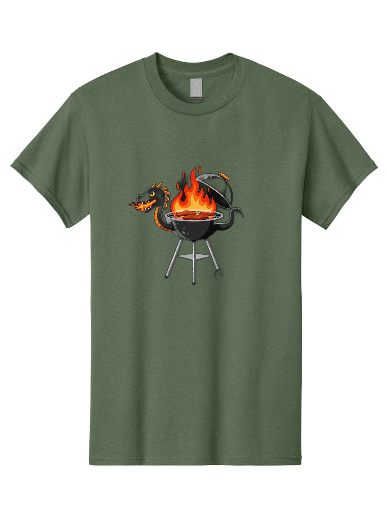 Dragon-Bbq-Grill Men'S Graphic Tee, 100% Cotton, Comfortable Casual Summer Wear, Machine Washable, Barbecue Grill, Dragon Cooking Meat, Fantasy Creature, Grilled Meat, Mythical Beast, Outdoor Cooking, Vibrant Flames, Cartoon Style, Bab884 9