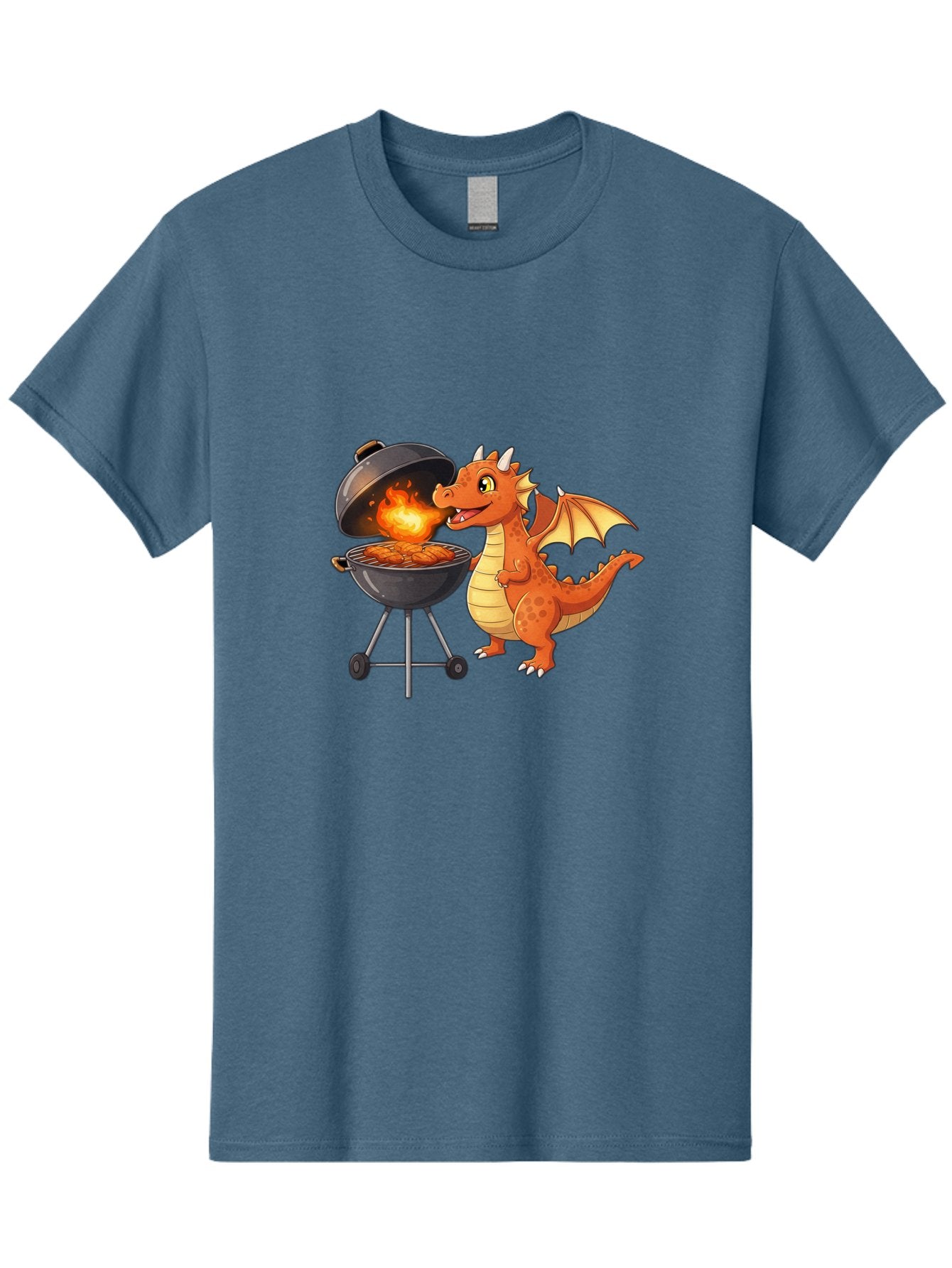 Dragon-Bbq Men'S Graphic Tee, 100% Cotton, Comfortable Casual Summer Wear, Machine Washable, Cartoon Dragon Cooking On Barbecue, Grilling Meat, Fantasy Creature, Humorous Illustration, Fire-Breathing Dragon, Outdoor Cooking Bab885