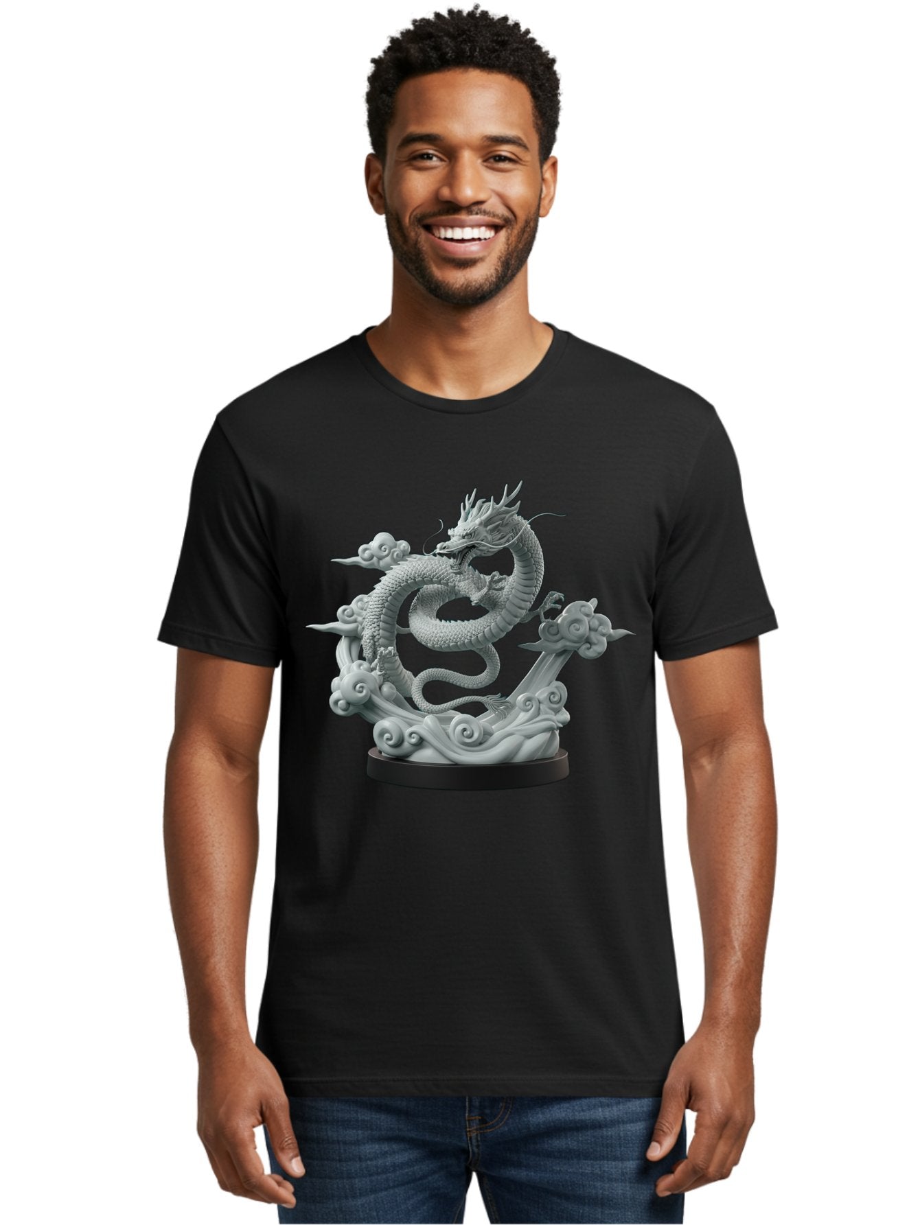 Dragon-Statue Men'S Graphic Tee, 100% Cotton, Comfortable Casual Summer Wear, Machine Washable, Dragon Sculpture, Mythical Creature, Chinese Culture, Figurine, 3D Model, Artistic Design, Symbolic Art, Decorative Figurine, Gray Stone Texture, Bab886 25