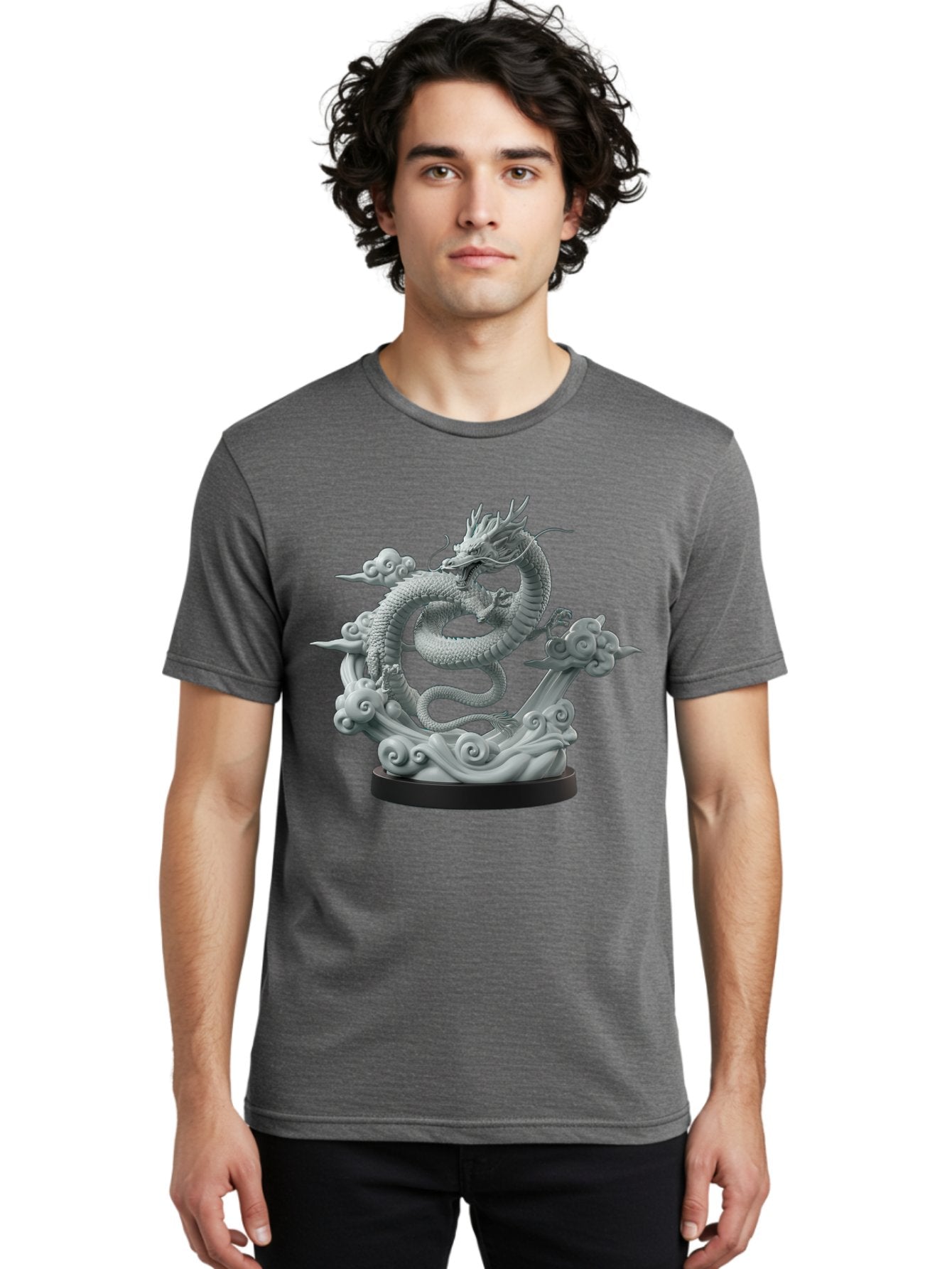 Dragon-Statue Men'S Graphic Tee, 100% Cotton, Comfortable Casual Summer Wear, Machine Washable, Dragon Sculpture, Mythical Creature, Chinese Culture, Figurine, 3D Model, Artistic Design, Symbolic Art, Decorative Figurine, Gray Stone Texture, Bab886 30