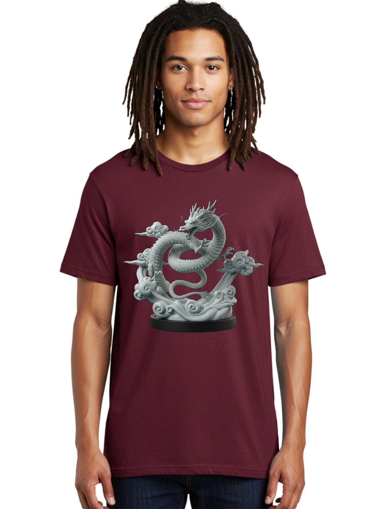 Dragon-Statue Men'S Graphic Tee, 100% Cotton, Comfortable Casual Summer Wear, Machine Washable, Dragon Sculpture, Mythical Creature, Chinese Culture, Figurine, 3D Model, Artistic Design, Symbolic Art, Decorative Figurine, Gray Stone Texture, Bab886 19