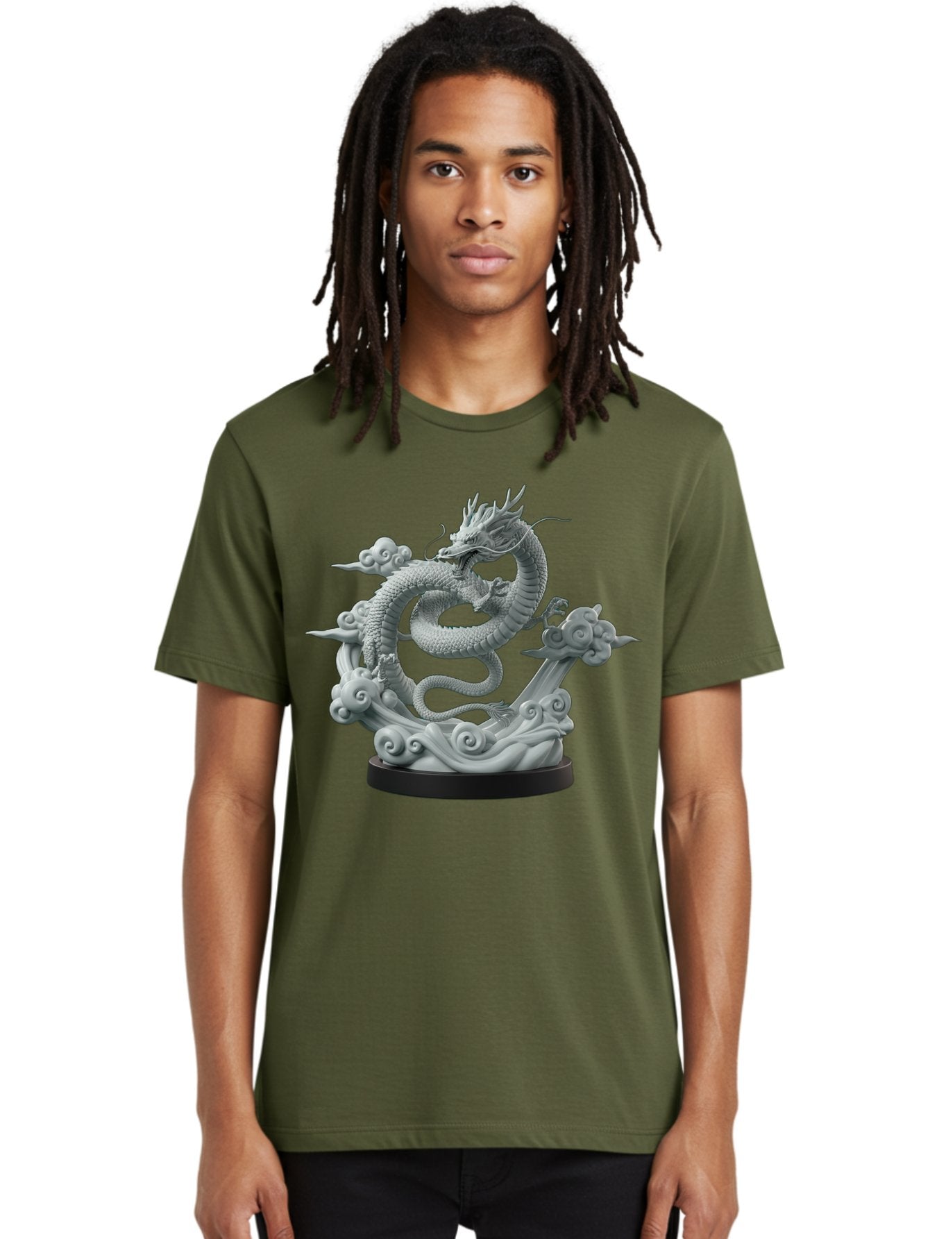 Dragon-Statue Men'S Graphic Tee, 100% Cotton, Comfortable Casual Summer Wear, Machine Washable, Dragon Sculpture, Mythical Creature, Chinese Culture, Figurine, 3D Model, Artistic Design, Symbolic Art, Decorative Figurine, Gray Stone Texture, Bab886 17