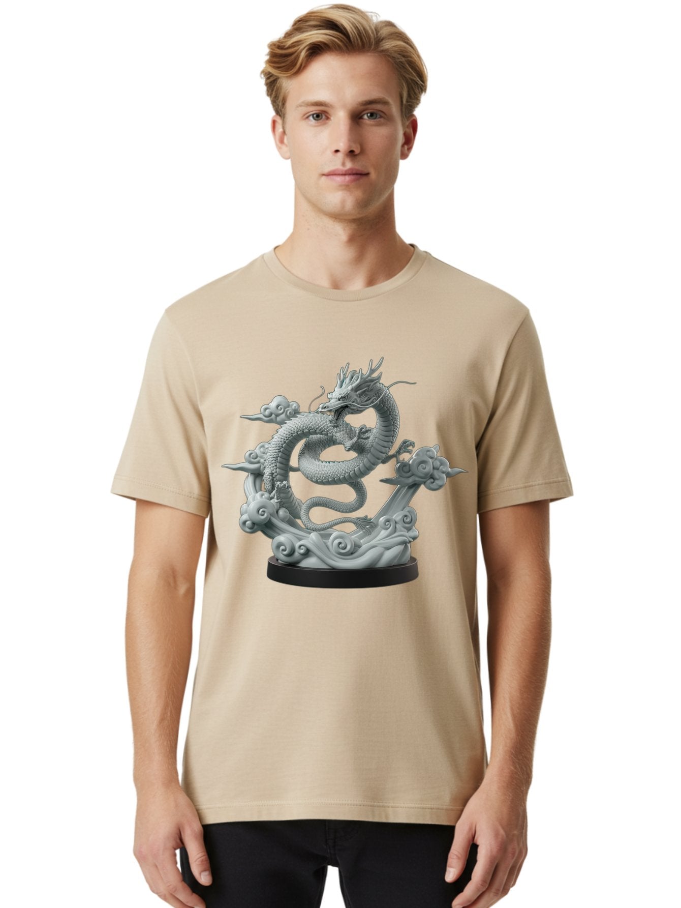 Dragon-Statue Men'S Graphic Tee, 100% Cotton, Comfortable Casual Summer Wear, Machine Washable, Dragon Sculpture, Mythical Creature, Chinese Culture, Figurine, 3D Model, Artistic Design, Symbolic Art, Decorative Figurine, Gray Stone Texture, Bab886 28