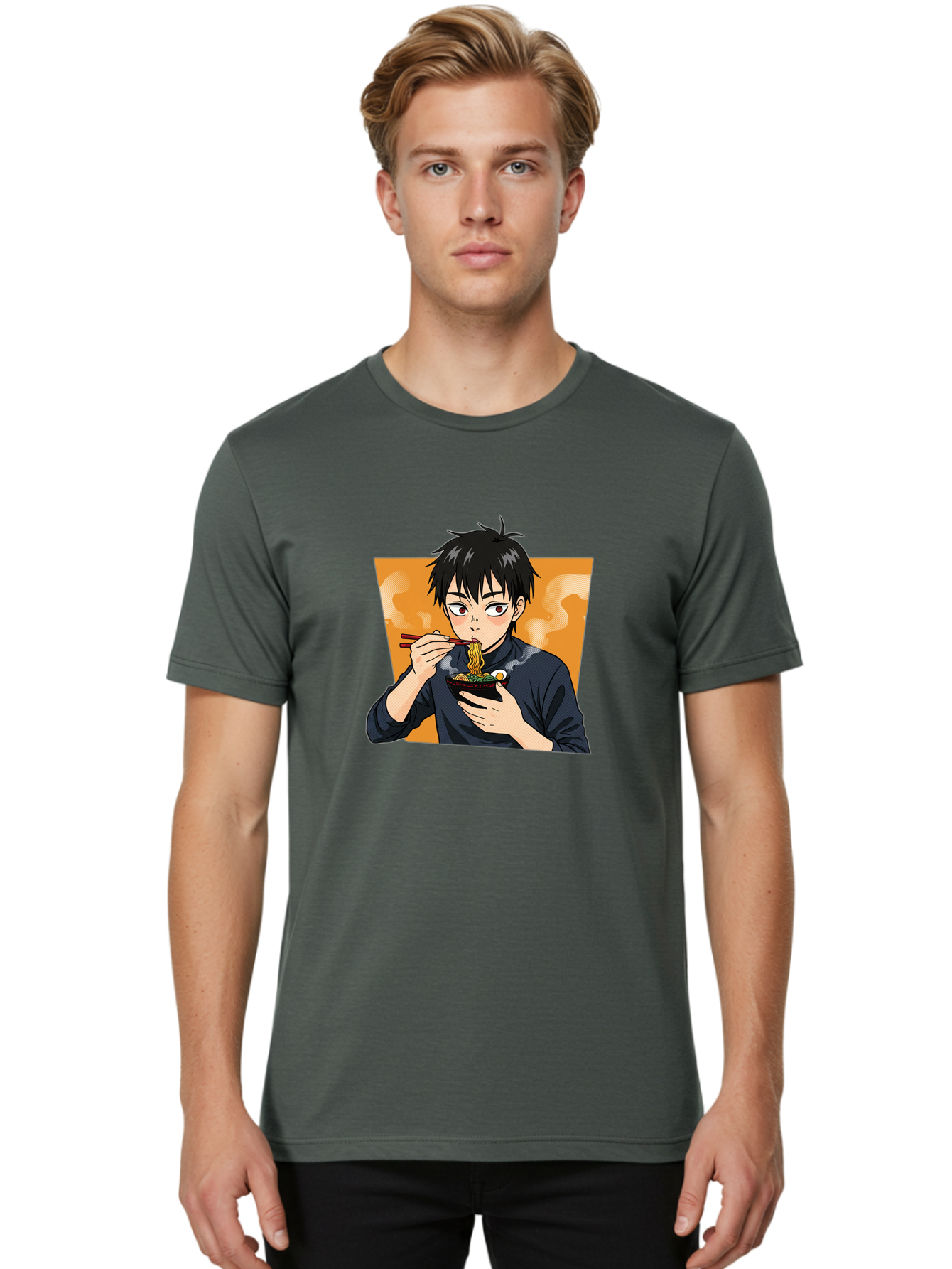 Eating-Ramen Men'S Graphic Tee, 100% Cotton, Comfortable Casual Summer Wear, Machine Washable, Anime Boy Eating Ramen, Steaming Hot Noodles, Chopsticks, Delicious Meal, Japanese Cuisine, Cartoon Style, Appetizing Food, Ramen Lover Bab887 23
