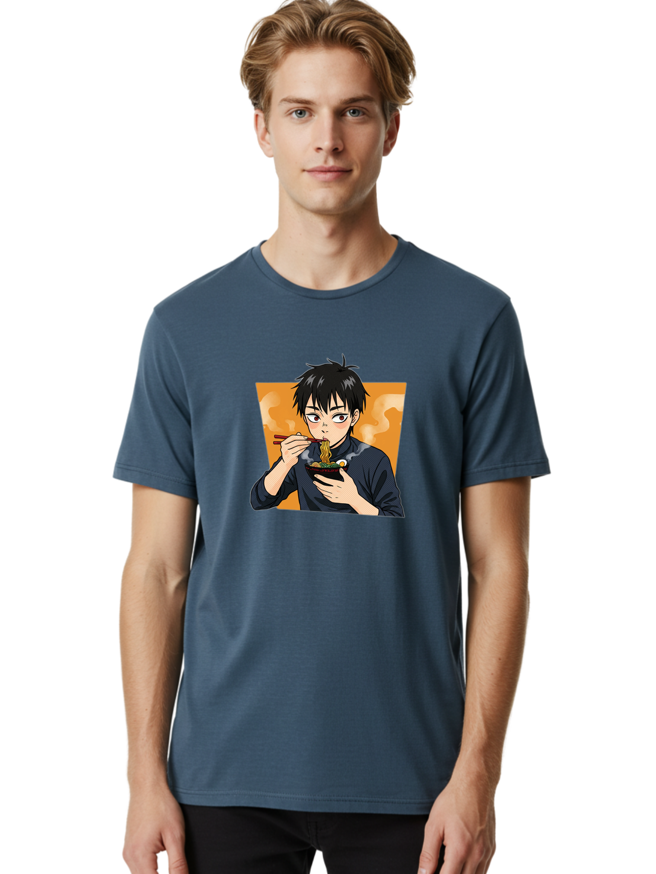 Eating-Ramen Men'S Graphic Tee, 100% Cotton, Comfortable Casual Summer Wear, Machine Washable, Anime Boy Eating Ramen, Steaming Hot Noodles, Chopsticks, Delicious Meal, Japanese Cuisine, Cartoon Style, Appetizing Food, Ramen Lover Bab887 19