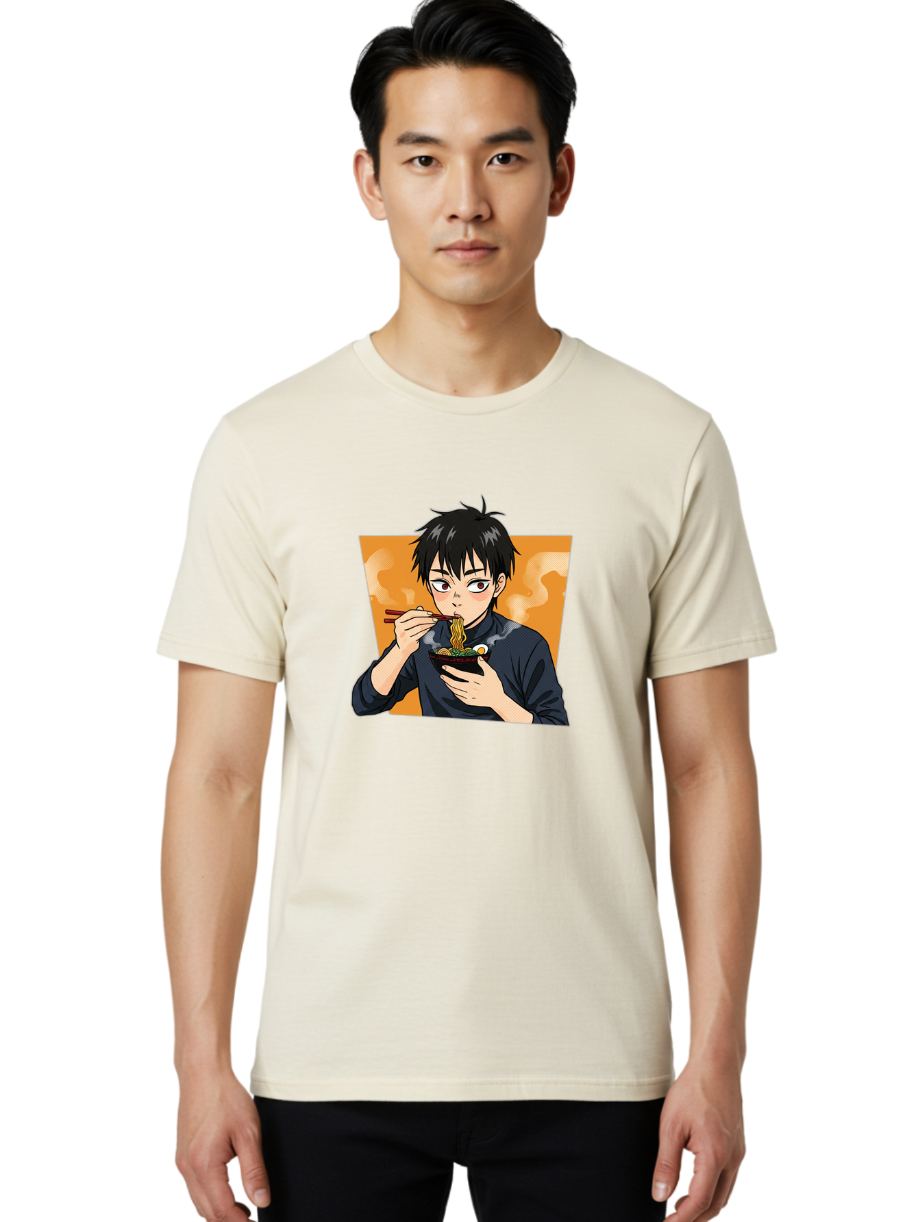 Eating-Ramen Men'S Graphic Tee, 100% Cotton, Comfortable Casual Summer Wear, Machine Washable, Anime Boy Eating Ramen, Steaming Hot Noodles, Chopsticks, Delicious Meal, Japanese Cuisine, Cartoon Style, Appetizing Food, Ramen Lover Bab887 30
