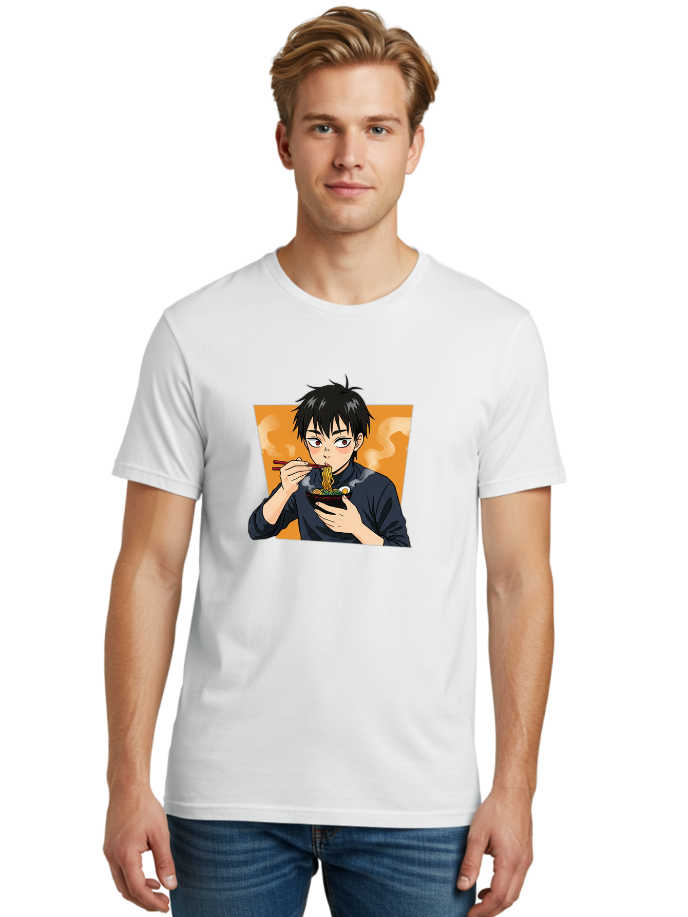 Eating-Ramen Men'S Graphic Tee, 100% Cotton, Comfortable Casual Summer Wear, Machine Washable, Anime Boy Eating Ramen, Steaming Hot Noodles, Chopsticks, Delicious Meal, Japanese Cuisine, Cartoon Style, Appetizing Food, Ramen Lover Bab887 24