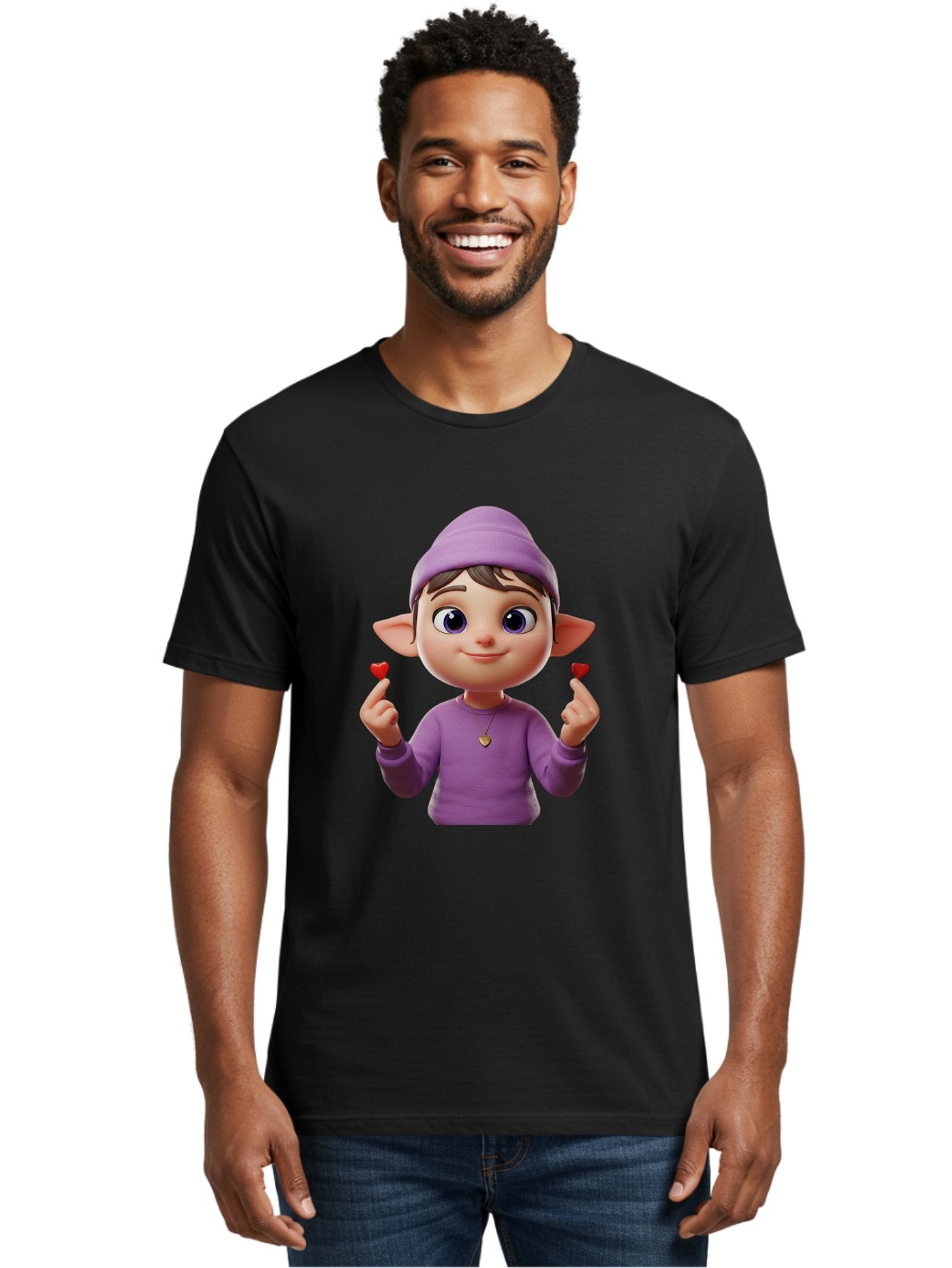Elf-Boy Men'S Graphic Tee, 100% Cotton, Comfortable Casual Summer Wear, Machine Washable, Cartoon Elf, Fantasy Character, Purple Clothing, Heart-Shaped Objects, Cute Expression, 3D Illustration, Whimsical Design, Playful Atmosphere, Bab888 24