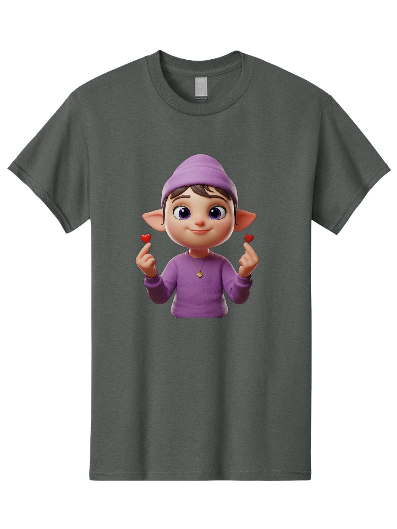 Elf-Boy Men'S Graphic Tee, 100% Cotton, Comfortable Casual Summer Wear, Machine Washable, Cartoon Elf, Fantasy Character, Purple Clothing, Heart-Shaped Objects, Cute Expression, 3D Illustration, Whimsical Design, Playful Atmosphere, Bab888 13