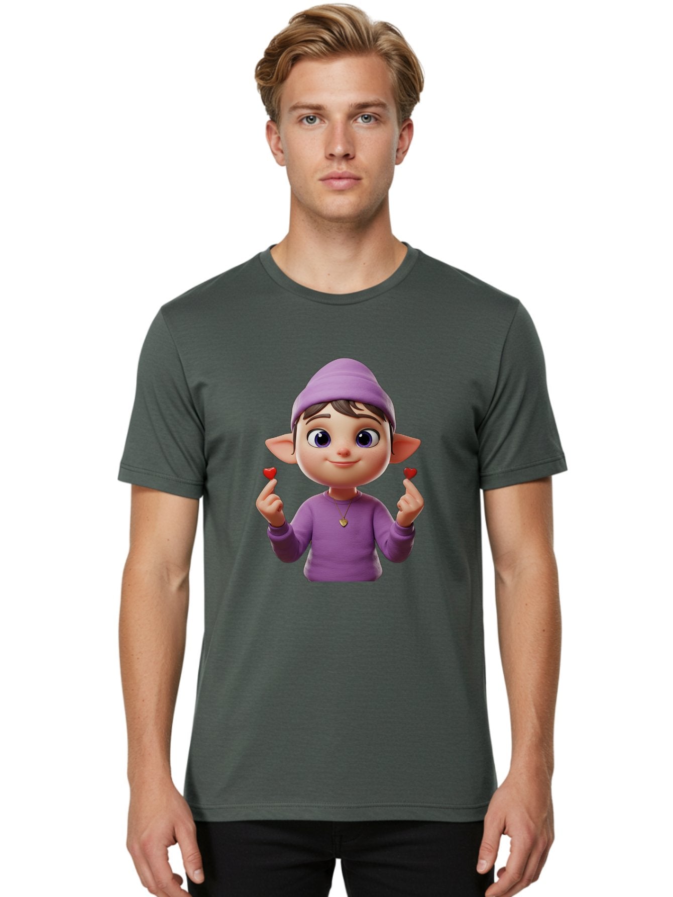 Elf-Boy Men'S Graphic Tee, 100% Cotton, Comfortable Casual Summer Wear, Machine Washable, Cartoon Elf, Fantasy Character, Purple Clothing, Heart-Shaped Objects, Cute Expression, 3D Illustration, Whimsical Design, Playful Atmosphere, Bab888 20