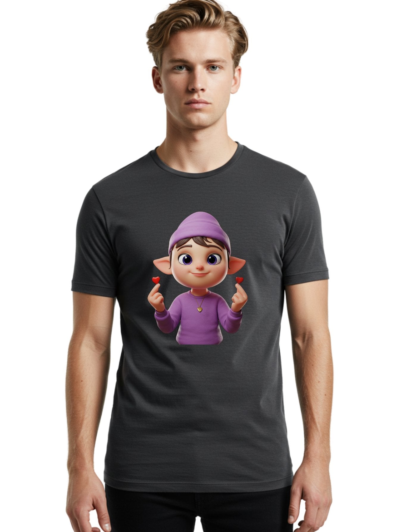 Elf-Boy Men'S Graphic Tee, 100% Cotton, Comfortable Casual Summer Wear, Machine Washable, Cartoon Elf, Fantasy Character, Purple Clothing, Heart-Shaped Objects, Cute Expression, 3D Illustration, Whimsical Design, Playful Atmosphere, Bab888 18