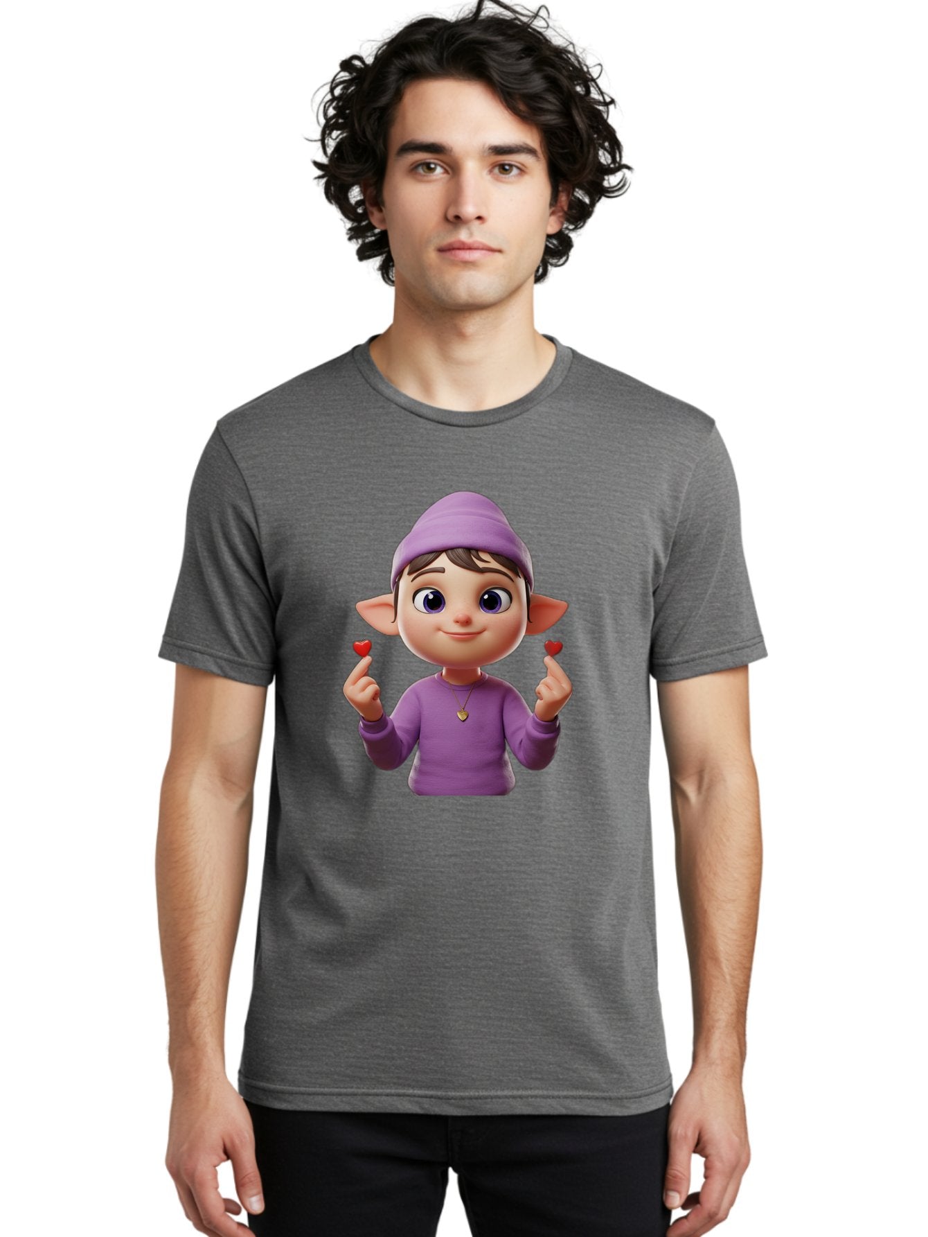 Elf-Boy Men'S Graphic Tee, 100% Cotton, Comfortable Casual Summer Wear, Machine Washable, Cartoon Elf, Fantasy Character, Purple Clothing, Heart-Shaped Objects, Cute Expression, 3D Illustration, Whimsical Design, Playful Atmosphere, Bab888 30