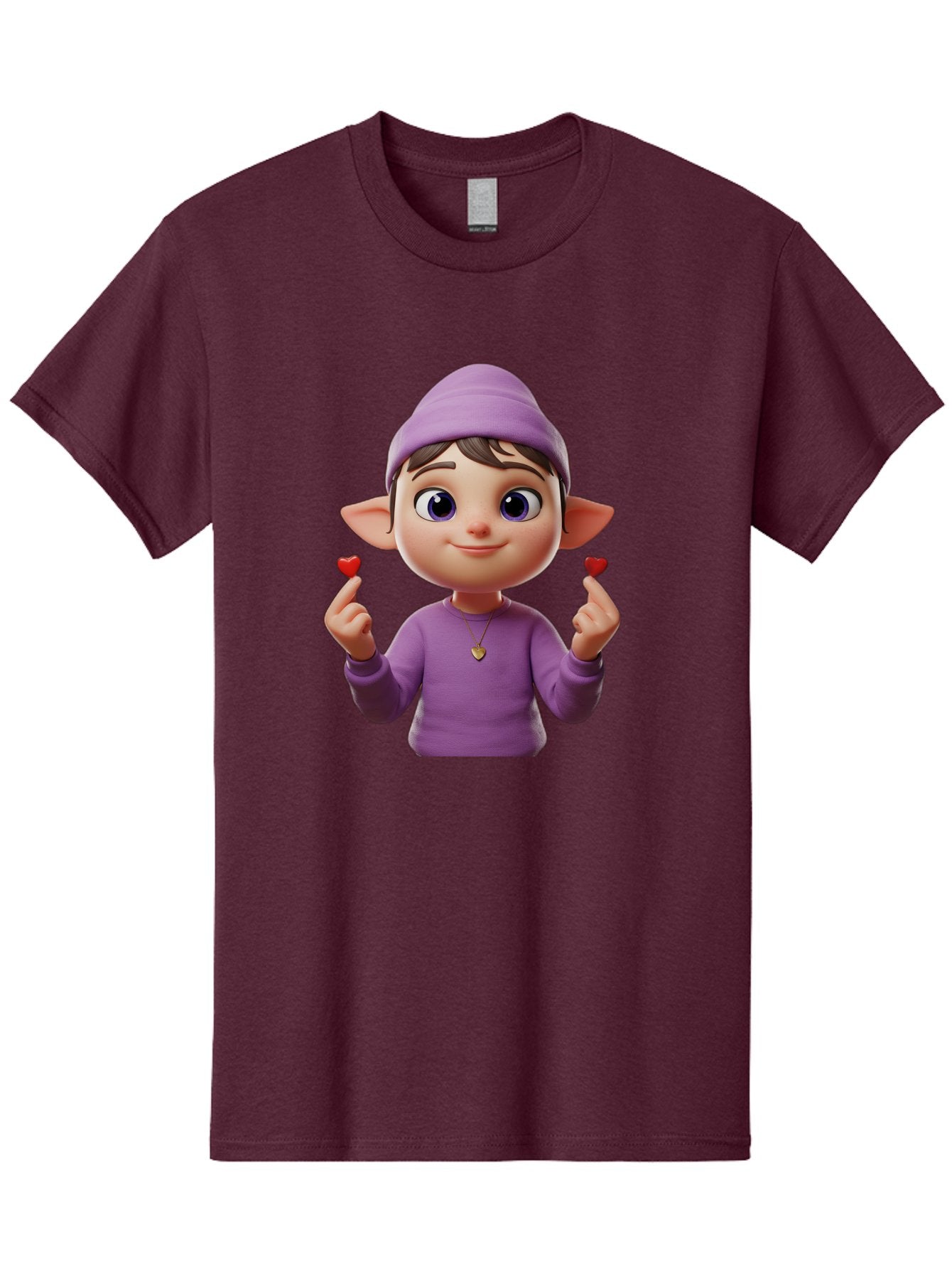 Elf-Boy Men'S Graphic Tee, 100% Cotton, Comfortable Casual Summer Wear, Machine Washable, Cartoon Elf, Fantasy Character, Purple Clothing, Heart-Shaped Objects, Cute Expression, 3D Illustration, Whimsical Design, Playful Atmosphere, Bab888 3
