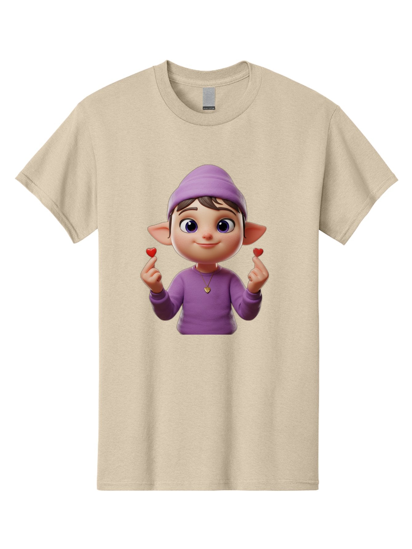 Elf-Boy Men'S Graphic Tee, 100% Cotton, Comfortable Casual Summer Wear, Machine Washable, Cartoon Elf, Fantasy Character, Purple Clothing, Heart-Shaped Objects, Cute Expression, 3D Illustration, Whimsical Design, Playful Atmosphere, Bab888