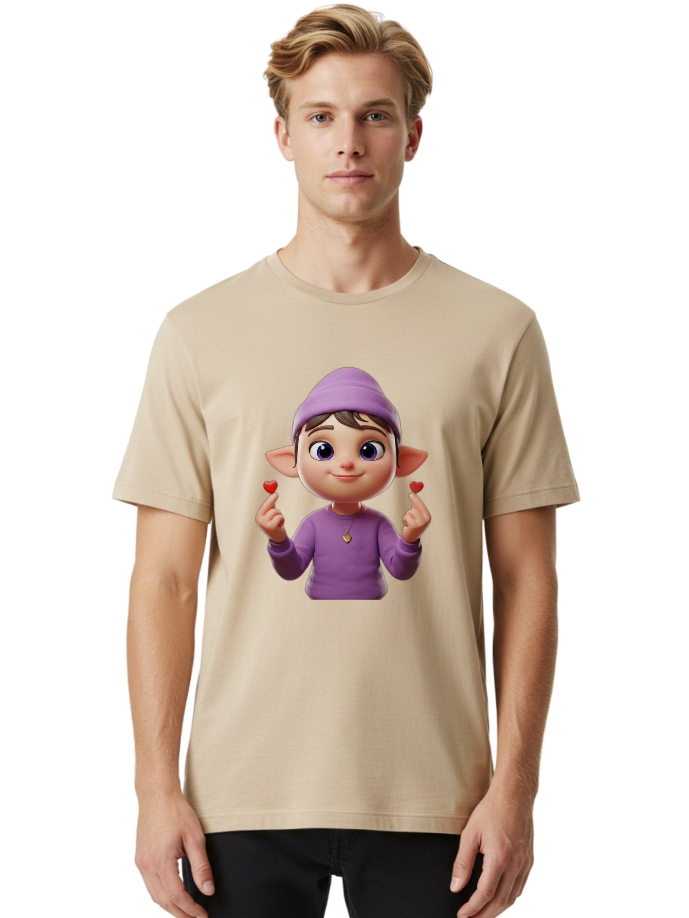 Elf-Boy Men'S Graphic Tee, 100% Cotton, Comfortable Casual Summer Wear, Machine Washable, Cartoon Elf, Fantasy Character, Purple Clothing, Heart-Shaped Objects, Cute Expression, 3D Illustration, Whimsical Design, Playful Atmosphere, Bab888 19
