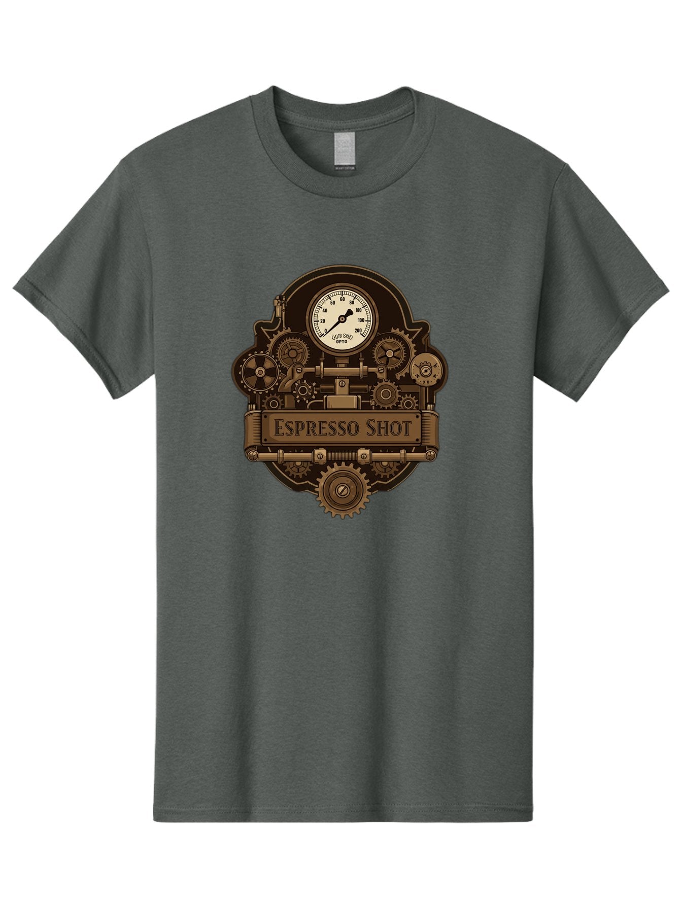 Espresso-Shot-2 Men'S Graphic Tee, 100% Cotton, Comfortable Casual Summer Wear, Machine Washable, Steampunk-Style Espresso Machine, Intricate Gears, Vintage Clock Face, Ottone, Industrial Design, Coffee Culture, Mechanical Parts, Bronze Tone, Bab892 5