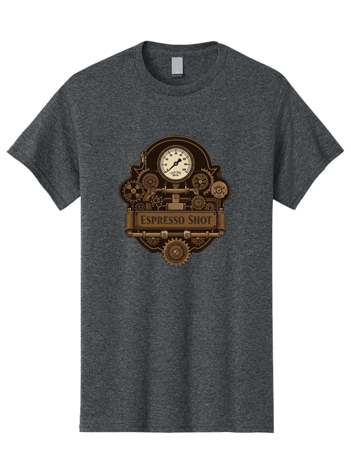 Espresso-Shot-2 Men'S Graphic Tee, 100% Cotton, Comfortable Casual Summer Wear, Machine Washable, Steampunk-Style Espresso Machine, Intricate Gears, Vintage Clock Face, Ottone, Industrial Design, Coffee Culture, Mechanical Parts, Bronze Tone, Bab892 3