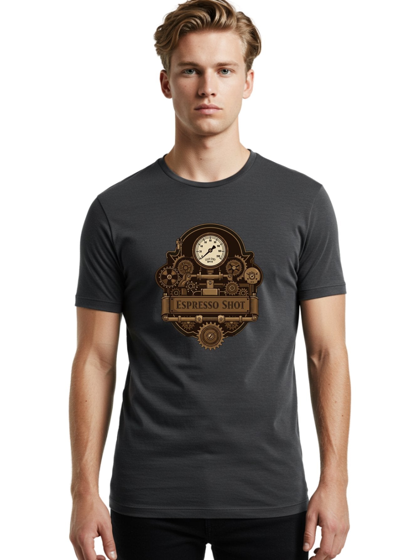 Espresso-Shot-2 Men'S Graphic Tee, 100% Cotton, Comfortable Casual Summer Wear, Machine Washable, Steampunk-Style Espresso Machine, Intricate Gears, Vintage Clock Face, Ottone, Industrial Design, Coffee Culture, Mechanical Parts, Bronze Tone, Bab892 22