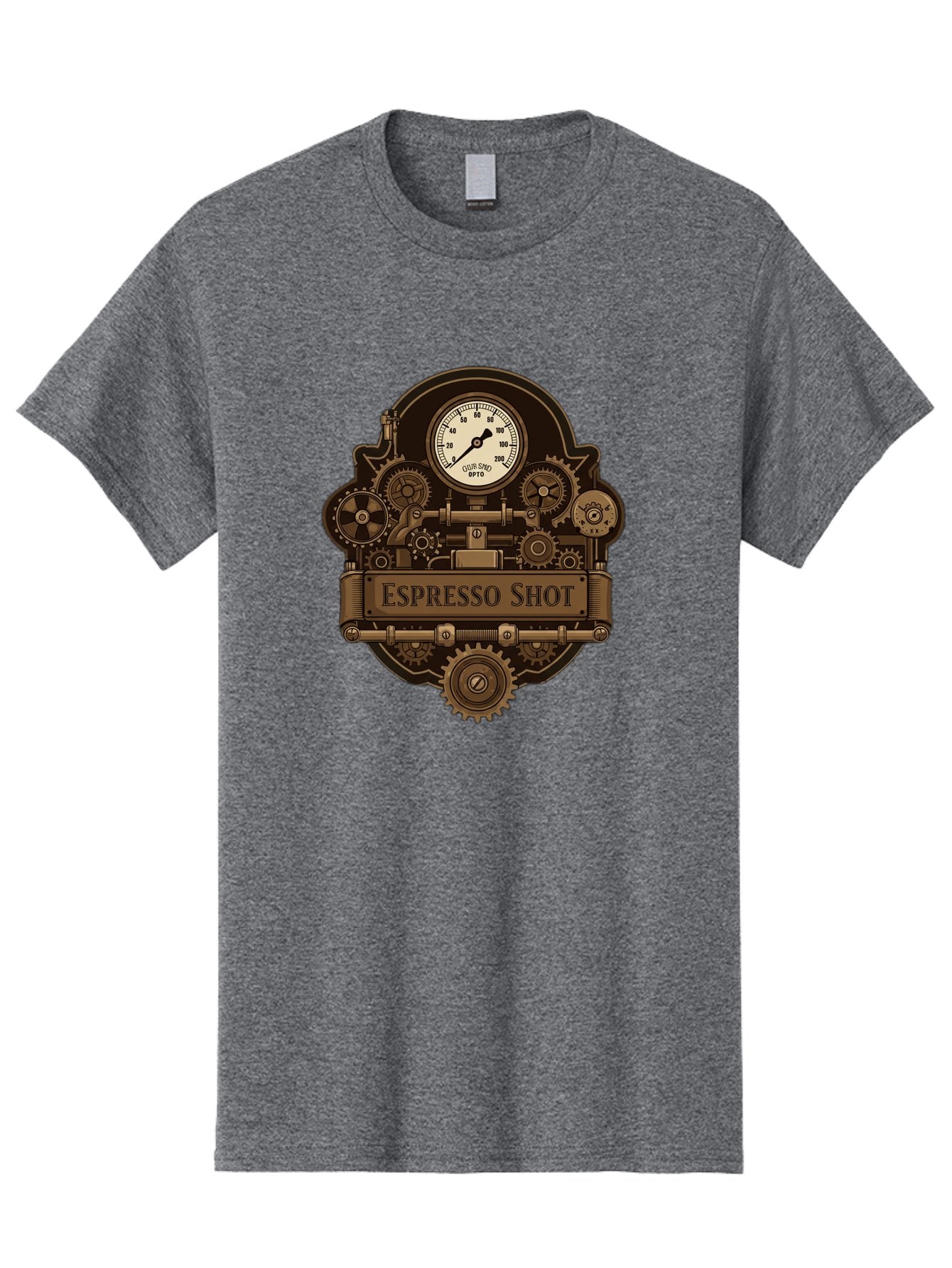 Espresso-Shot-2 Men'S Graphic Tee, 100% Cotton, Comfortable Casual Summer Wear, Machine Washable, Steampunk-Style Espresso Machine, Intricate Gears, Vintage Clock Face, Ottone, Industrial Design, Coffee Culture, Mechanical Parts, Bronze Tone, Bab892 11