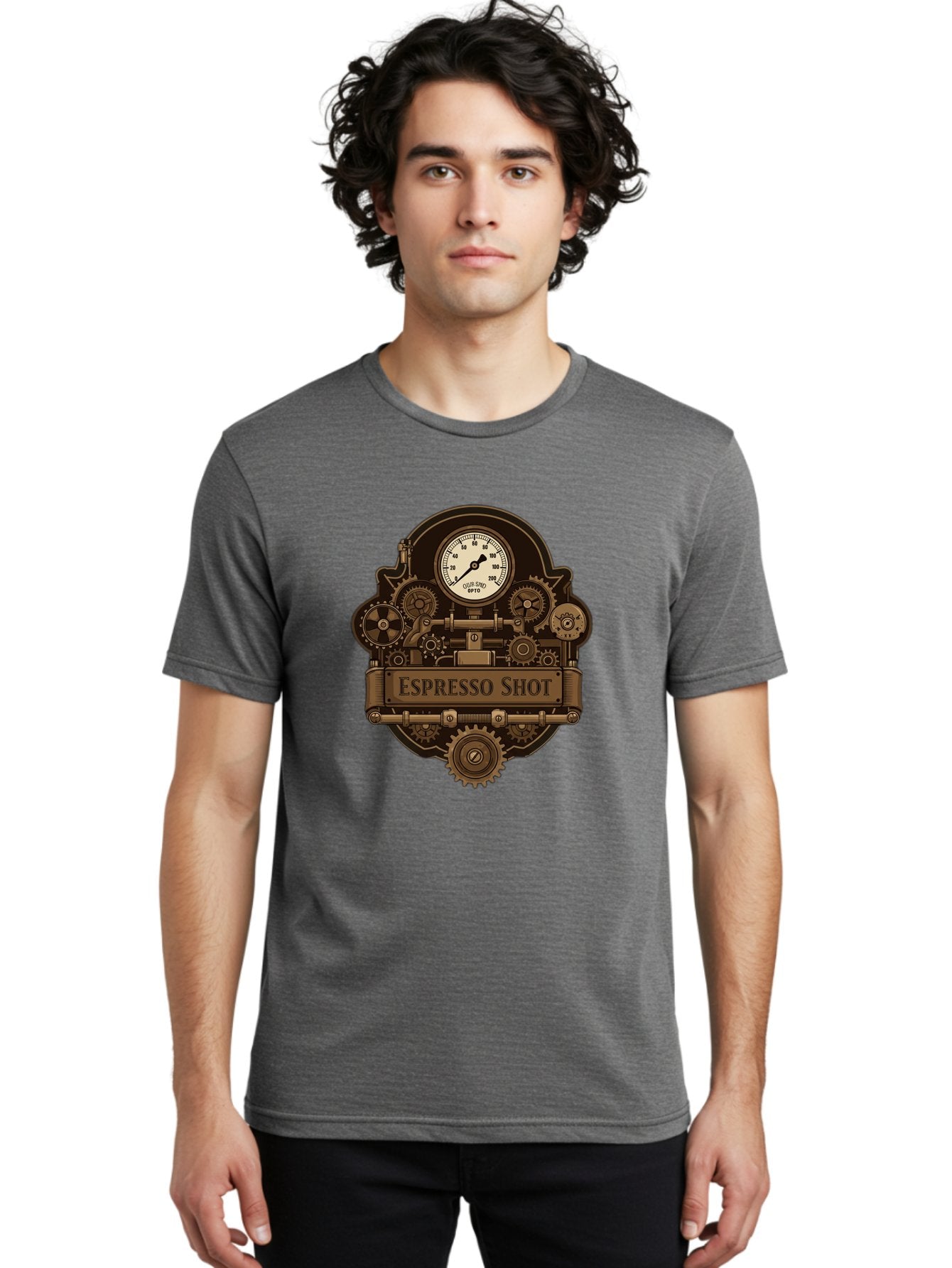 Espresso-Shot-2 Men'S Graphic Tee, 100% Cotton, Comfortable Casual Summer Wear, Machine Washable, Steampunk-Style Espresso Machine, Intricate Gears, Vintage Clock Face, Ottone, Industrial Design, Coffee Culture, Mechanical Parts, Bronze Tone, Bab892 27