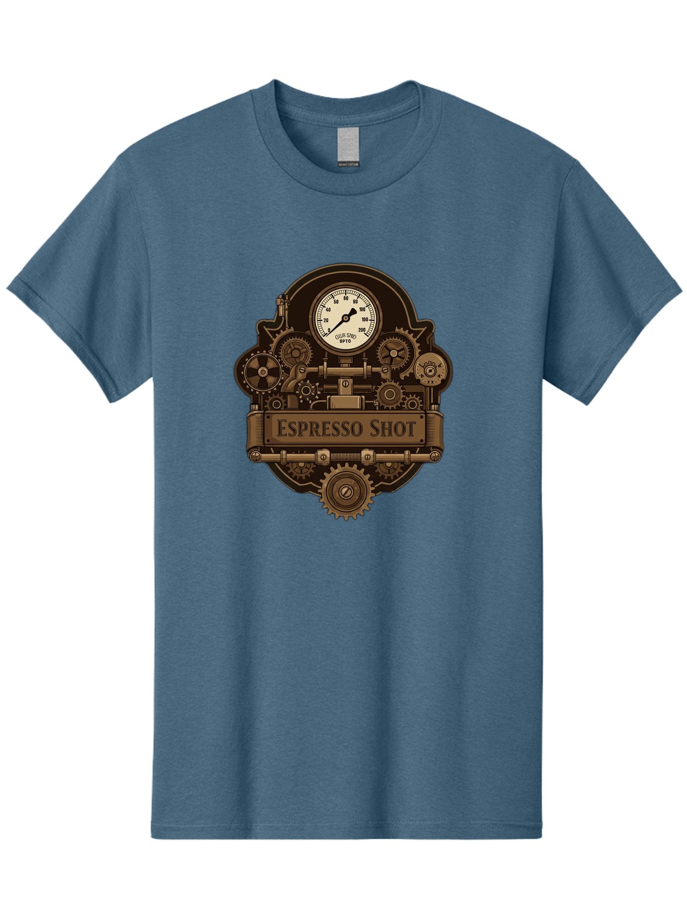 Espresso-Shot-2 Men'S Graphic Tee, 100% Cotton, Comfortable Casual Summer Wear, Machine Washable, Steampunk-Style Espresso Machine, Intricate Gears, Vintage Clock Face, Ottone, Industrial Design, Coffee Culture, Mechanical Parts, Bronze Tone, Bab892 9