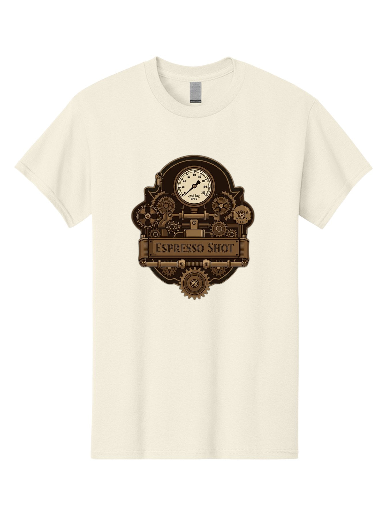 Espresso-Shot-2 Men'S Graphic Tee, 100% Cotton, Comfortable Casual Summer Wear, Machine Washable, Steampunk-Style Espresso Machine, Intricate Gears, Vintage Clock Face, Ottone, Industrial Design, Coffee Culture, Mechanical Parts, Bronze Tone, Bab892 15