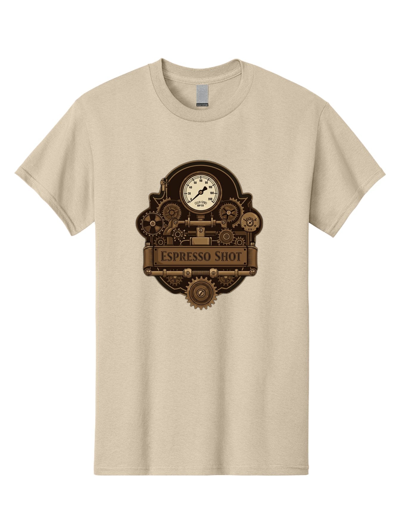 Espresso-Shot-2 Men'S Graphic Tee, 100% Cotton, Comfortable Casual Summer Wear, Machine Washable, Steampunk-Style Espresso Machine, Intricate Gears, Vintage Clock Face, Ottone, Industrial Design, Coffee Culture, Mechanical Parts, Bronze Tone, Bab892 7