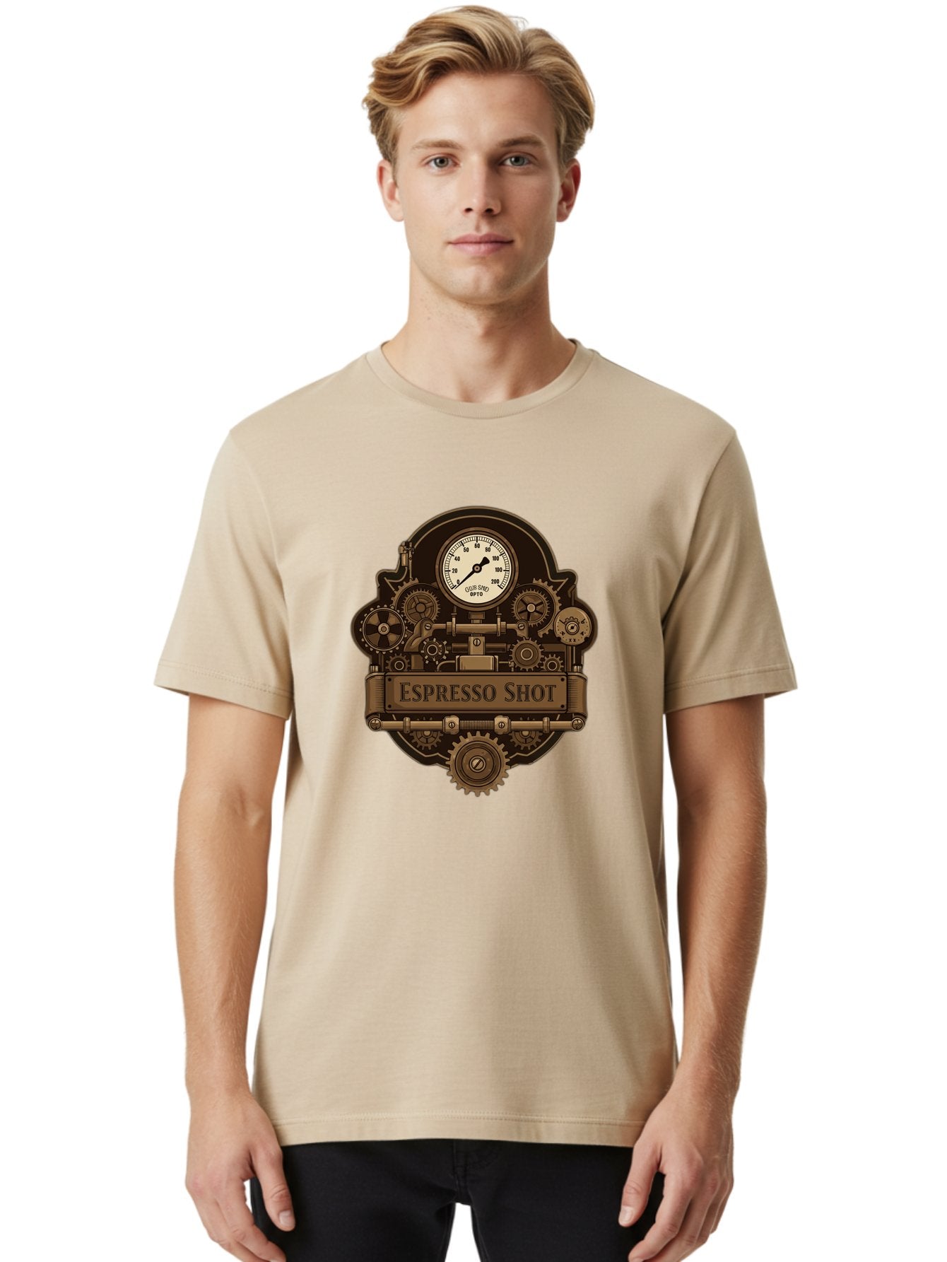 Espresso-Shot-2 Men'S Graphic Tee, 100% Cotton, Comfortable Casual Summer Wear, Machine Washable, Steampunk-Style Espresso Machine, Intricate Gears, Vintage Clock Face, Ottone, Industrial Design, Coffee Culture, Mechanical Parts, Bronze Tone, Bab892 16
