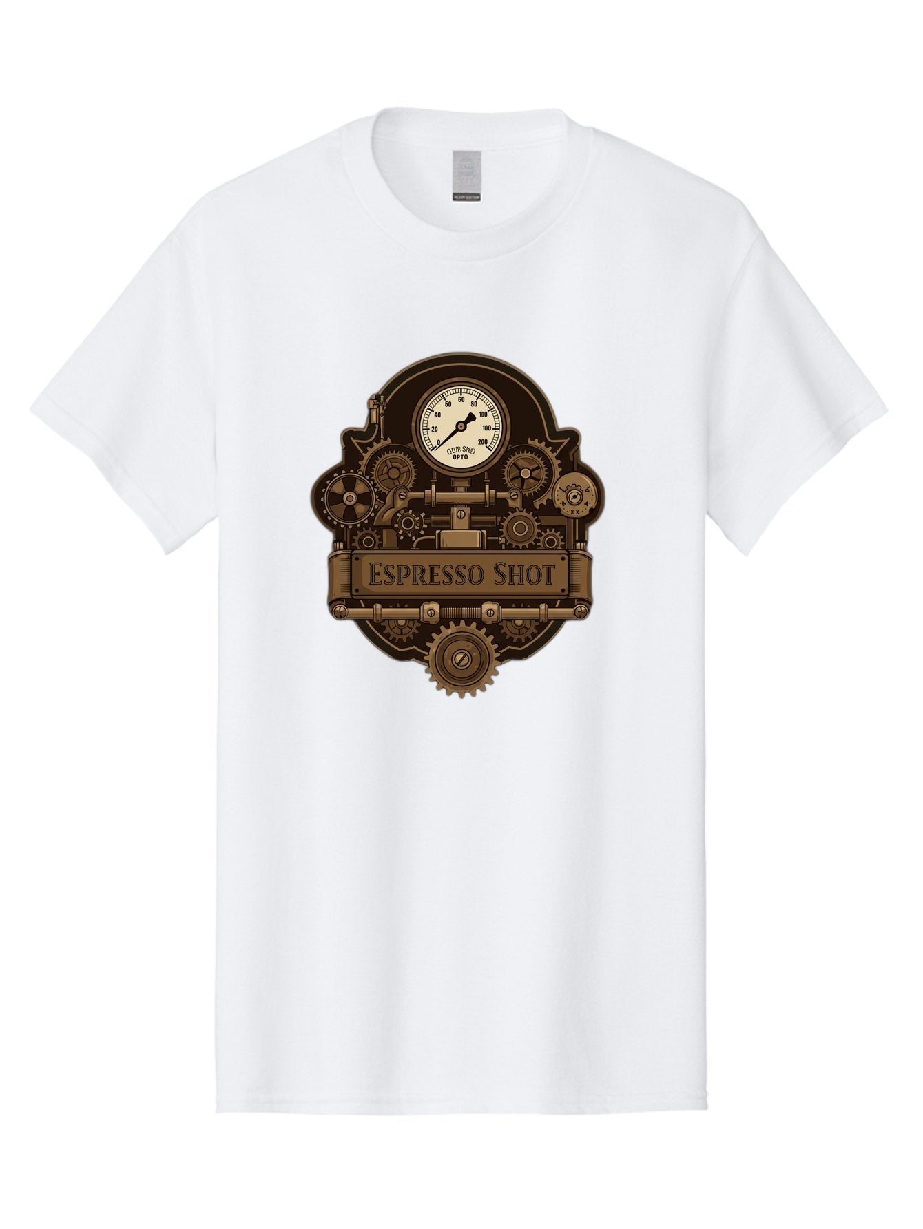 Espresso-Shot-2 Men'S Graphic Tee, 100% Cotton, Comfortable Casual Summer Wear, Machine Washable, Steampunk-Style Espresso Machine, Intricate Gears, Vintage Clock Face, Ottone, Industrial Design, Coffee Culture, Mechanical Parts, Bronze Tone, Bab892 8