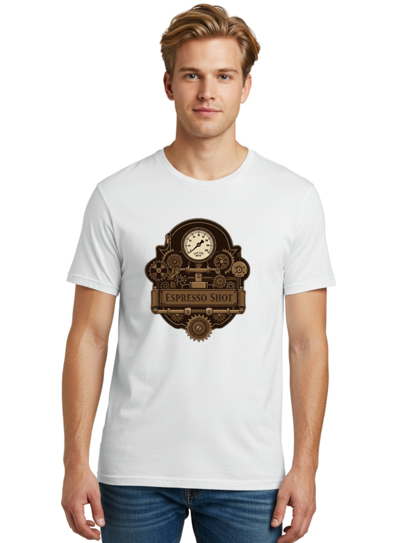 Espresso-Shot-2 Men'S Graphic Tee, 100% Cotton, Comfortable Casual Summer Wear, Machine Washable, Steampunk-Style Espresso Machine, Intricate Gears, Vintage Clock Face, Ottone, Industrial Design, Coffee Culture, Mechanical Parts, Bronze Tone, Bab892 25