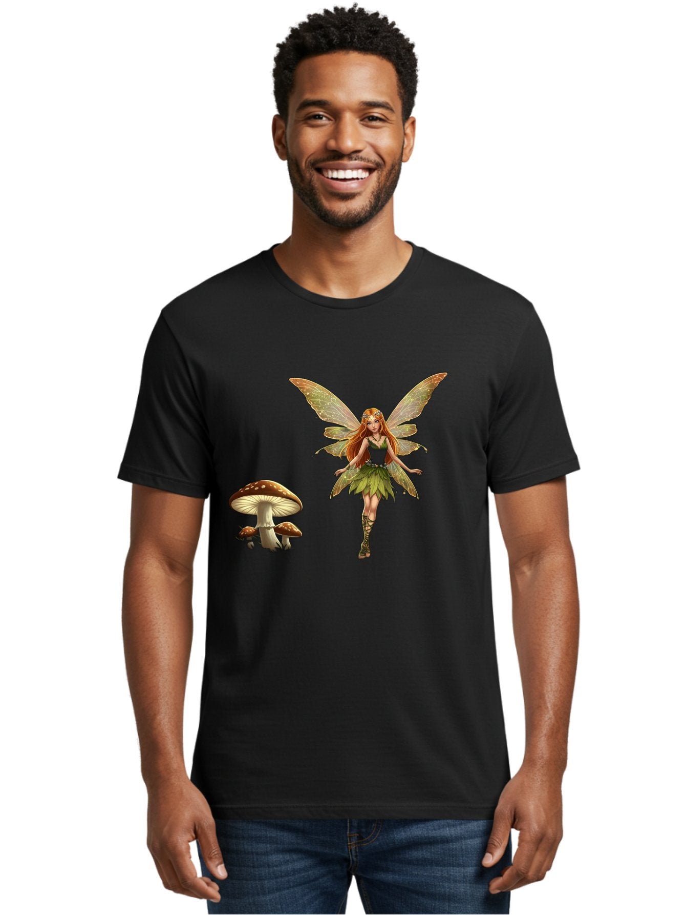 Fairy-With-Mushrooms Men'S Graphic Tee, 100% Cotton, Comfortable Casual Summer Wear, Machine Washable, Fairy With Wings, Green Dress, Red Hair, Mushrooms, Fantasy Creature, Mythical Being, Magical, Mystical, Whimsical, Enchanting Bab895 25