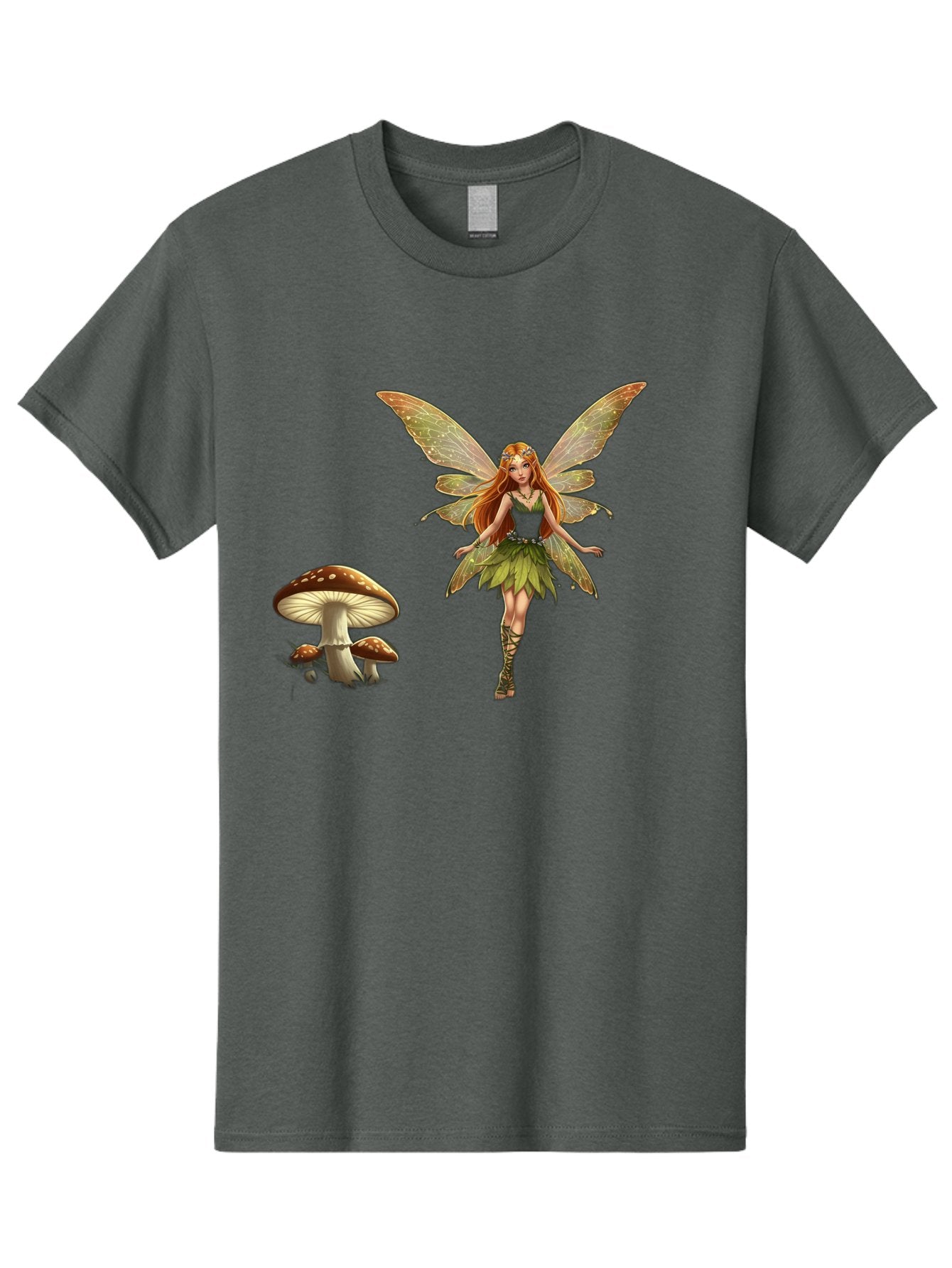 Fairy-With-Mushrooms Men'S Graphic Tee, 100% Cotton, Comfortable Casual Summer Wear, Machine Washable, Fairy With Wings, Green Dress, Red Hair, Mushrooms, Fantasy Creature, Mythical Being, Magical, Mystical, Whimsical, Enchanting Bab895 3
